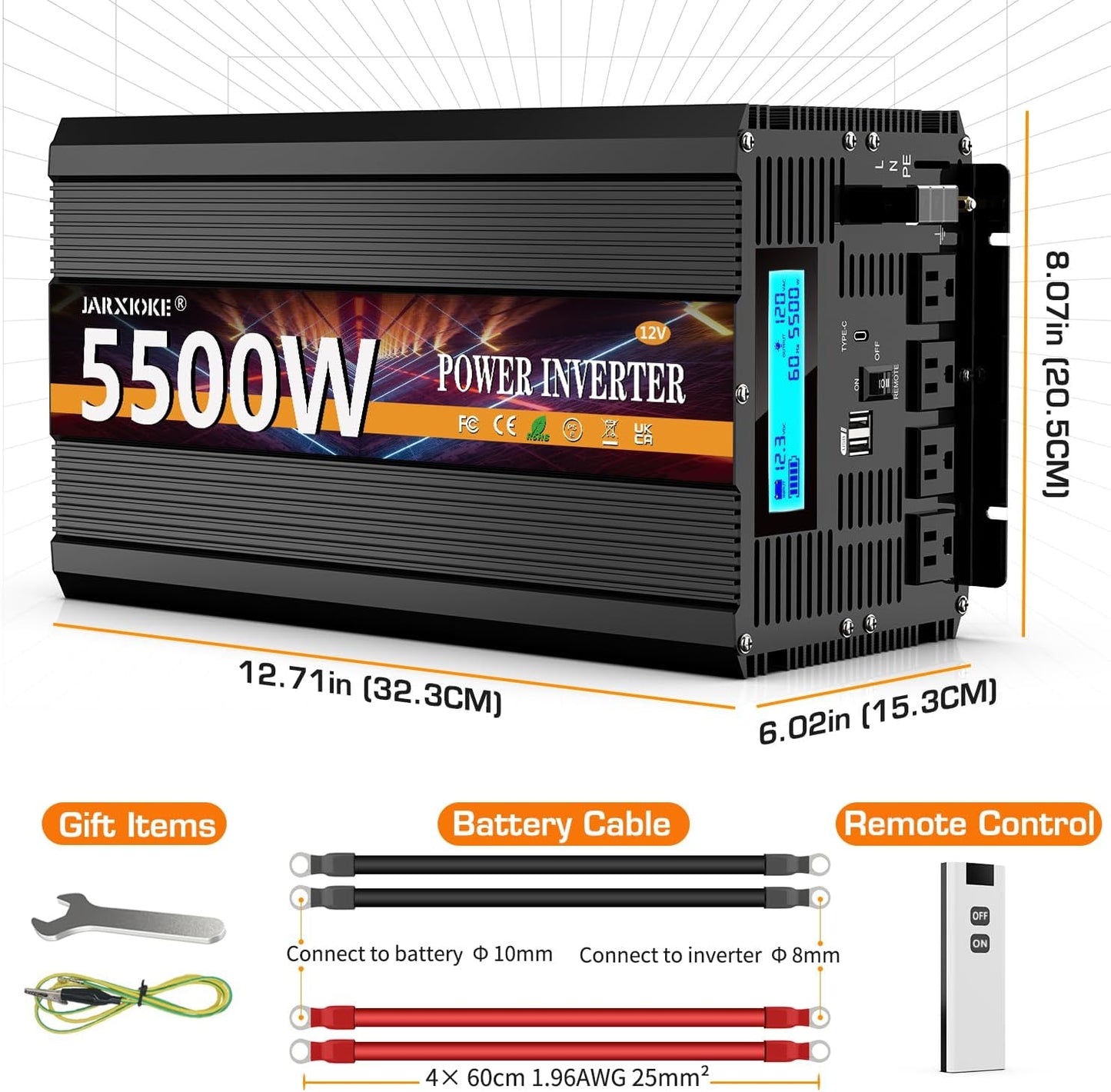 5500 Watt Power Inverter 12V DC to 110V 120V Converter for Family RV Off Grid Solar System Car with Type-C Ports 3 AC Power Outlets Dual USB Ports LCD Display Wireless Remote Control
