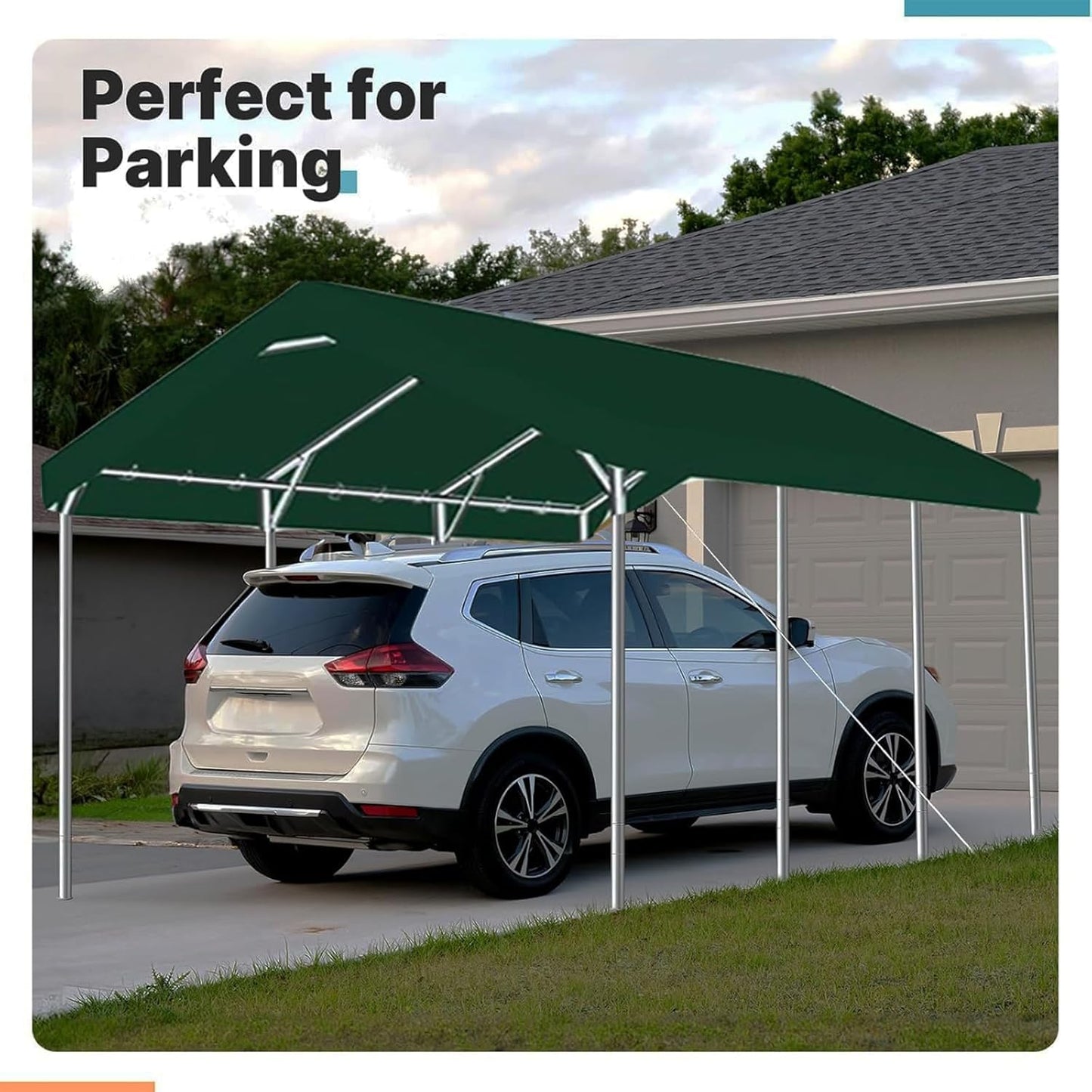 Carport Replacement Canopy Cover for Car Tent Top Garage Shelter Cover Tarp with Ball Bungees (Only Top Cover, Frame Not Include) (Green, 10’ x 20‘)