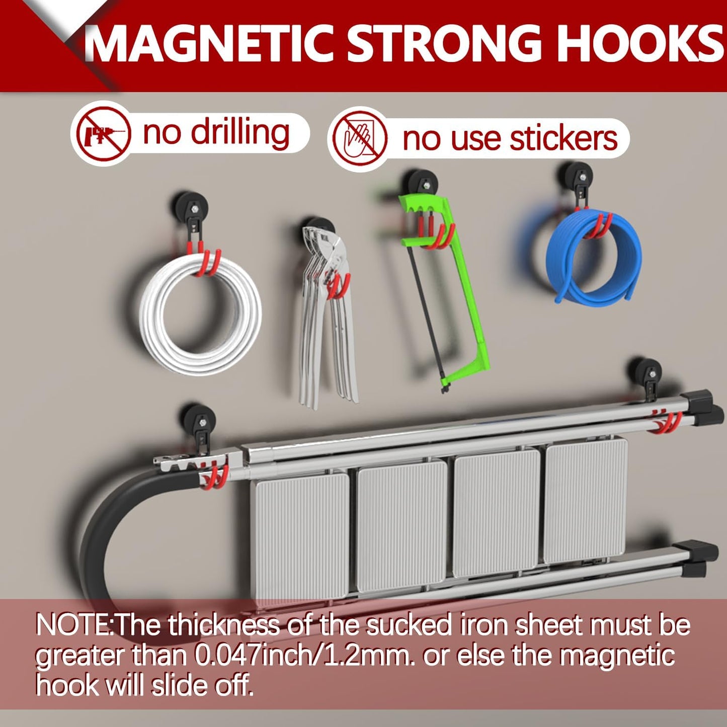 3-H Heavy Duty Magnet Garage Hooks 2 Pack, J Shape Strong Magnetic Hooks for Hanging Cordless Power Drill, Utility Magnetic Tool Holder for Metal Cabinet, Steel Pegboard, Toolbox, Garage(Red)