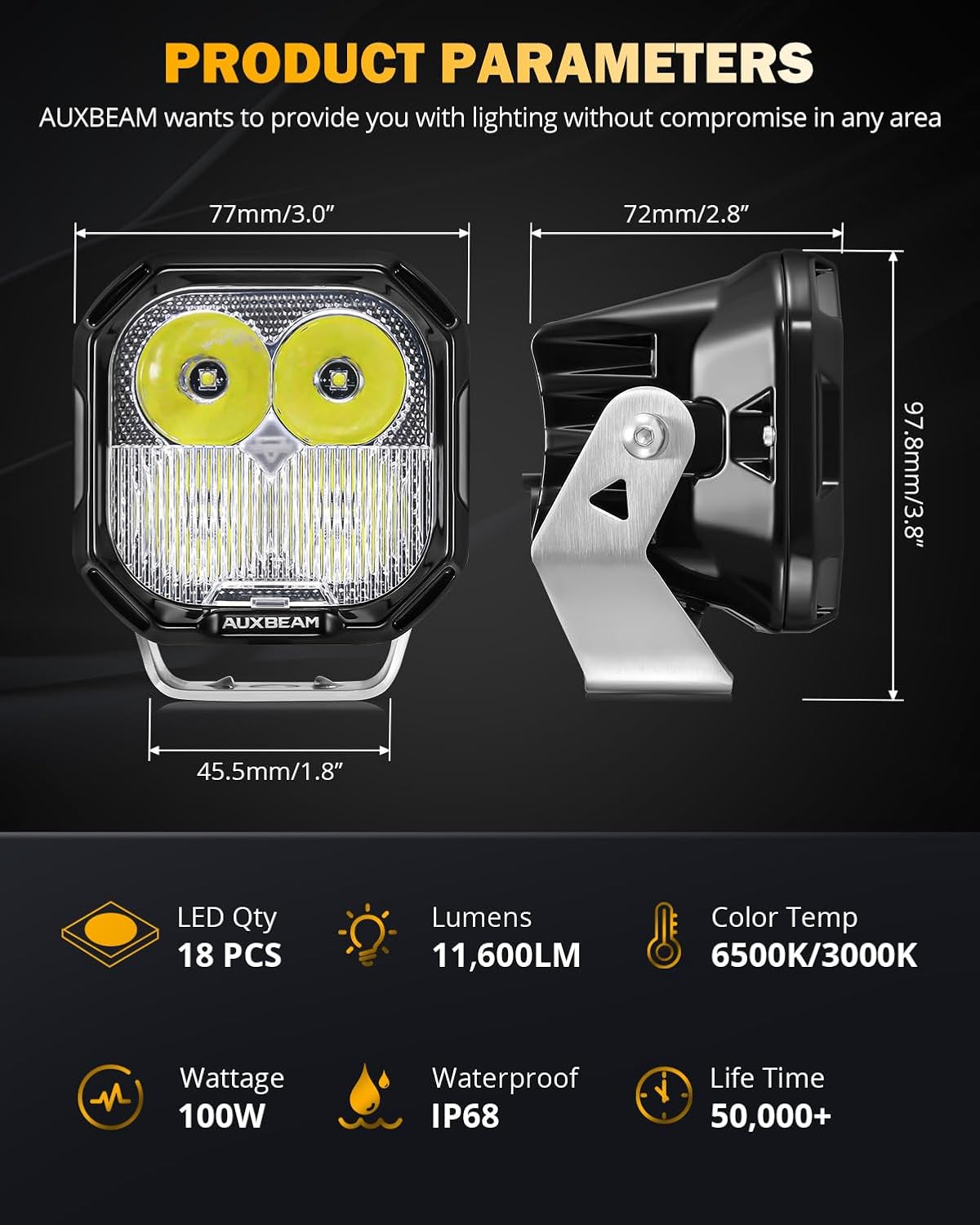 Auxbeam Color Play Series 3 Inch LED Pods, Offroad Light with Amber/White DRL & Turn Signal 100W Spot Flood Combo Beam Off Road Lighting Fog Cube Ditch Light Bar for 4x4 Jeep Truck, 2 Years Warranty