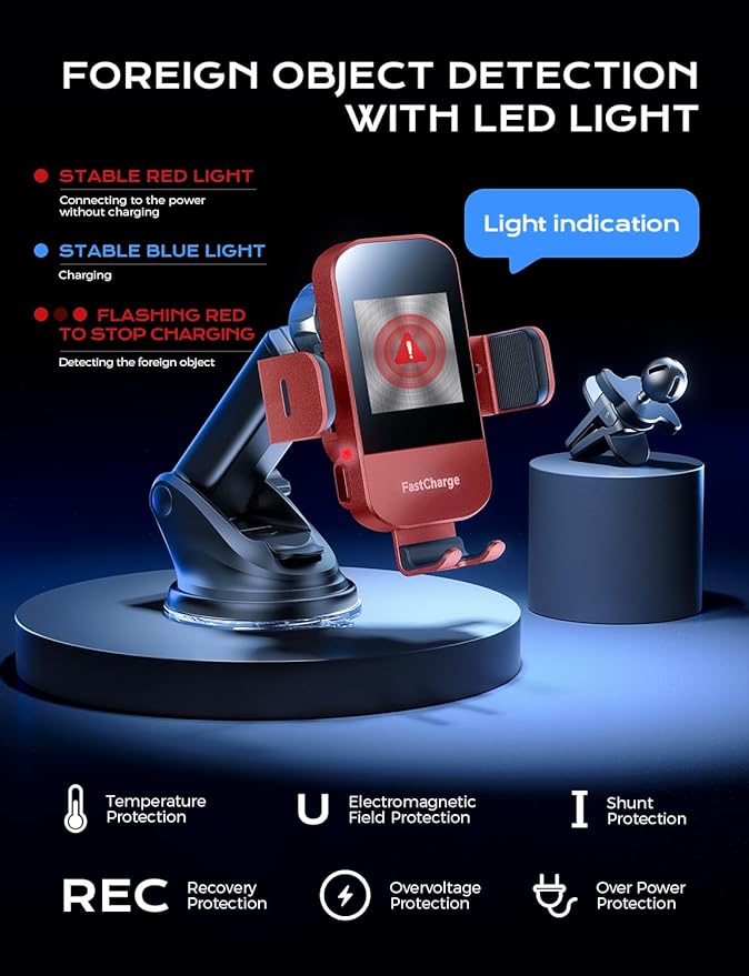 CHGeek 15W Fast Charging Auto Clamping Car Charger Phone Mount Phone Holder (Red)