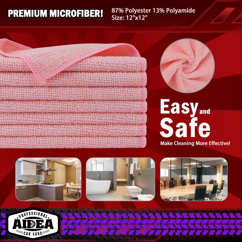 AIDEA Microfiber Cleaning Cloth Pink 20PK, Microfiber Towels for Cars, Premium Car Cloths, Dusting Cloth Lint Free Cleaning Rags for SUVs, House, Kitchen, Window, Workshops,12×12"