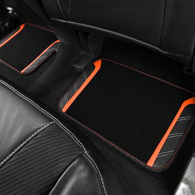 CAR PASS Leather Steering Wheel Cover and Waterproof Car Floor Mats,Microfiber Universal Car Combo Fit for 95% Sedan SUV Van Truck,14.5-15inch Sporty Anti-Slip Safety Comfortable Design, Black&Orange