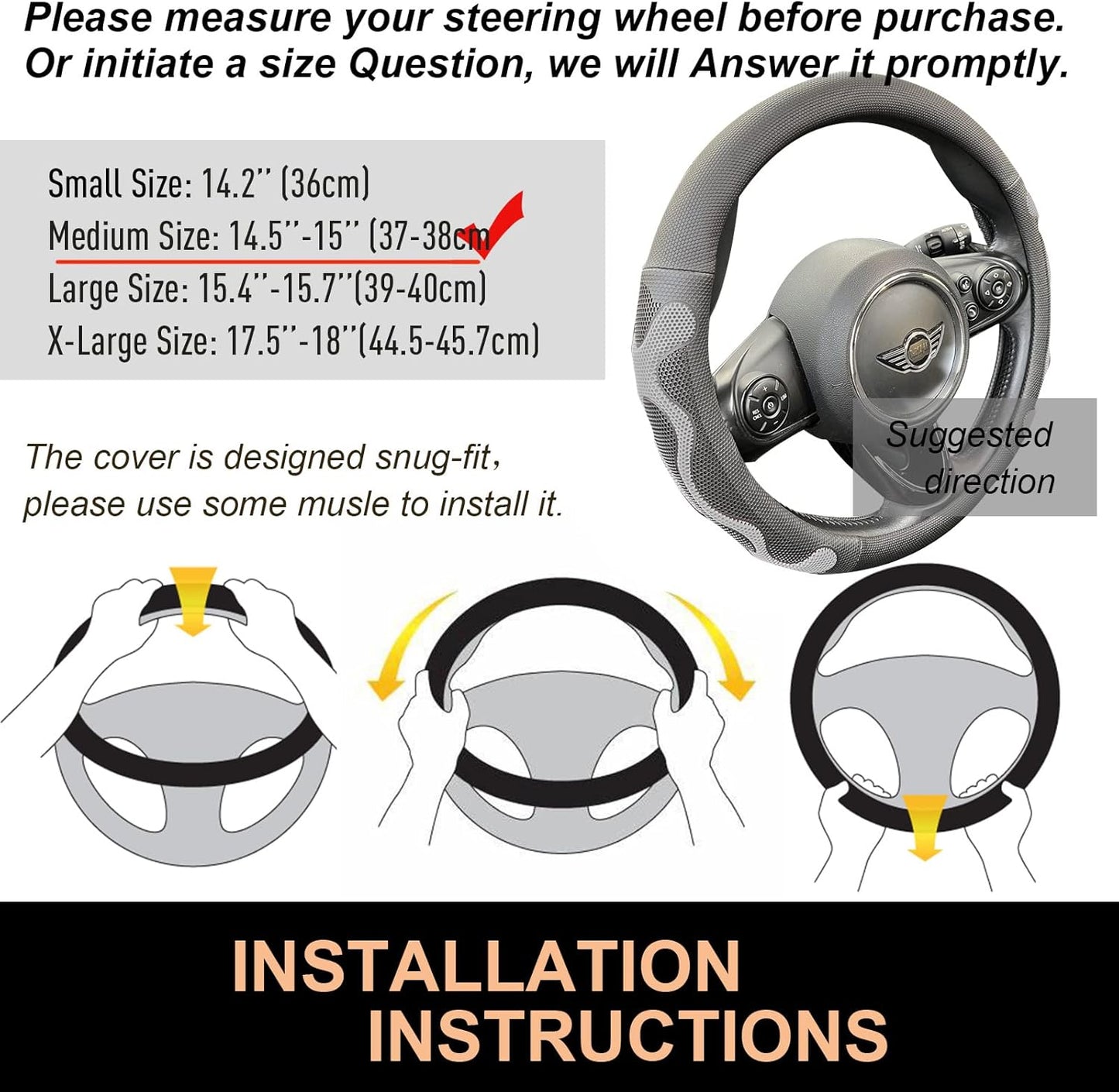 PINCTROT Comfy Grip Steering Wheel Cover, Anti-Slip Design, Universal 14.5-15 Inch(Silicone Gray)
