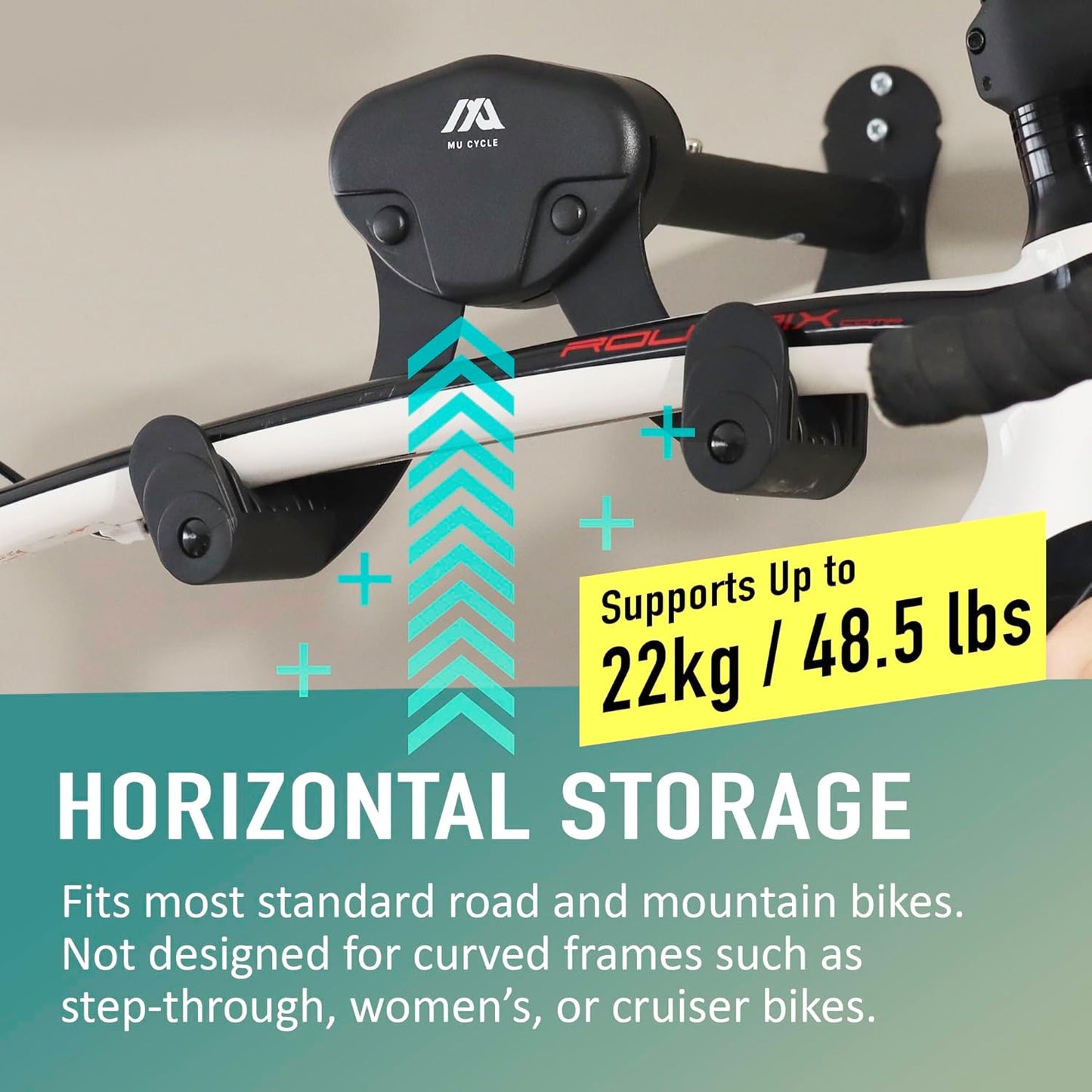 Buffalo Bike Wall Mount Rack – Adjustable Horizontal Indoor Hanger for Road, Mountain & Hybrid Bikes up to 48.5 lbs | Space-Saving Heavy-Duty Bicycle Storage for Garage & Home (2 Pack)