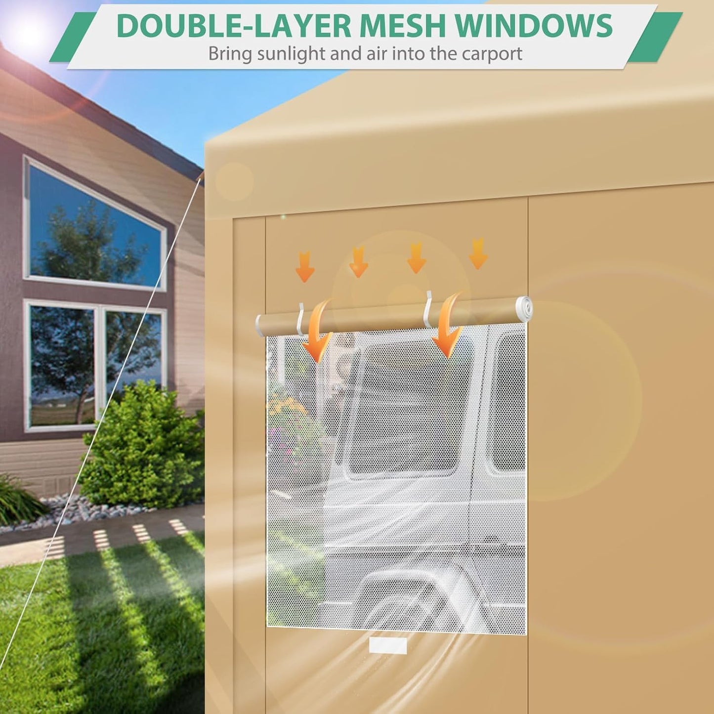 COBIZI Carport 12x20ft Heavy Duty Portable Garage, 2.0 Powder Coated Frame(Better Than Galvanized), Waterproof Shelter with Removable Sidewalls & Windows, Built-in Sandbags, for Car/Boat/SUV, Khaki