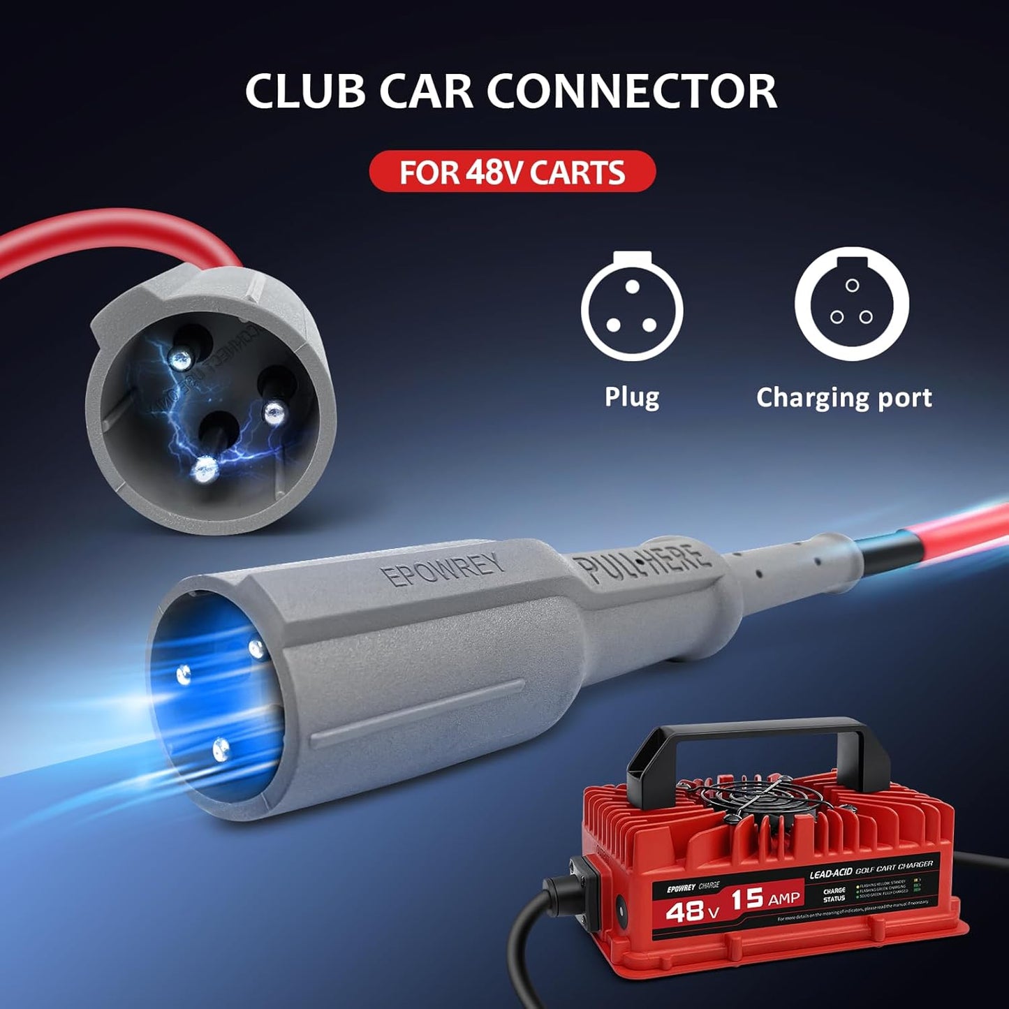 15 AMP 48 Volt Golf Carts Battery Charger for Club Car 3-Pin Round Plug,for Lead Acid Battery