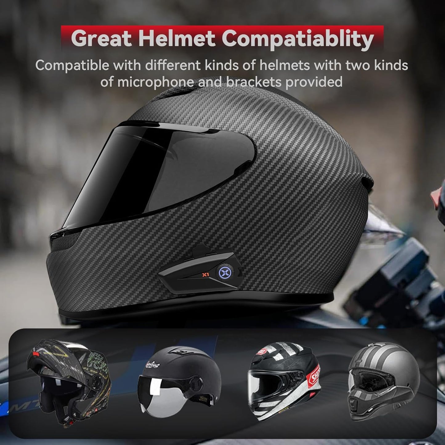 X1 Motorcycle Helmet Bluetooth Headphones V5.3 with Voice Assitant, 40mm Helmet Speakers with IP67 Waterproof, Motorcycle Bluetooth Headset 60 Hours Playing Time for Ski/Solo Rider