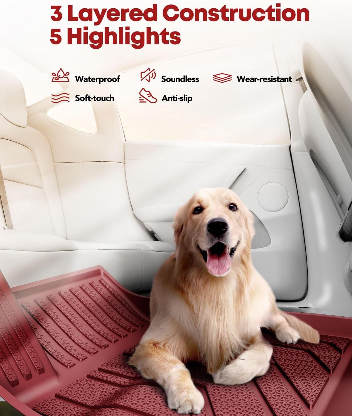 YHTAUTO Custom Fit Light Red Car Floor Mats for Tesla Model Y 2025-2020 (5-Seat) Not for Juniper, 1st & 2nd Row All Weather TPE Car Carpet Liners, Anti-Slip Waterproof, Automatic Mats, Set of 3