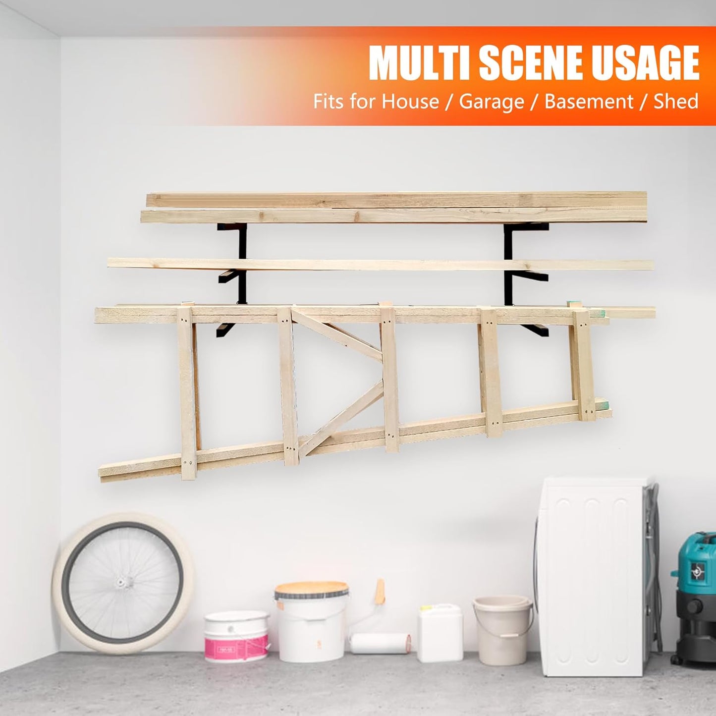 3-Tiered Collapsible Wall Mount Lumber Storage Metal Rack, 3-Level Foldable Heavy Duty Indoor Garage Wood organizer, Outdoor Adjustable Steel Multipurpose Workshop Shelf, Holds up to 330Lbs