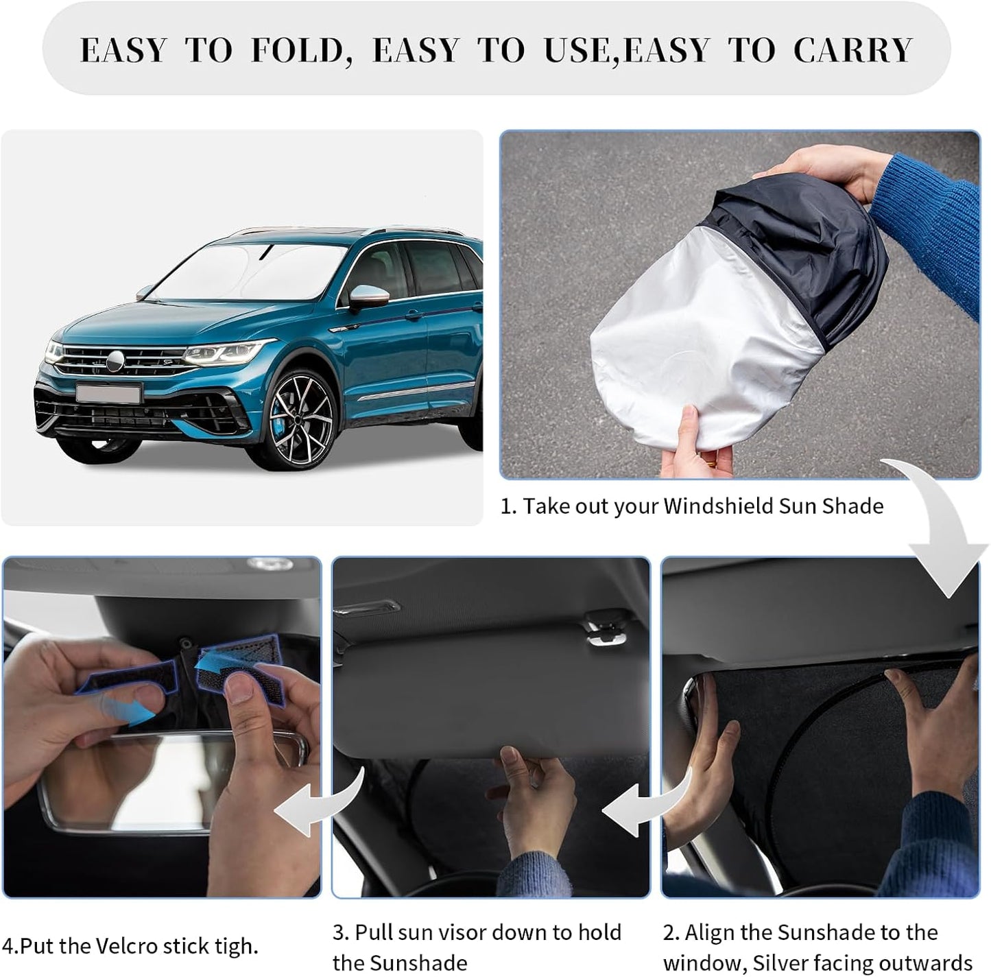 Sun Shade Sunshade for Volkswagen Tiguan 2018-2023 2024 2025 Windshield Cover, 4-Layer Front Window Shade Custom fit Tiguan Sun Visor 240T Retractable Shade Blocks UV Rays Cooler Car Accessories