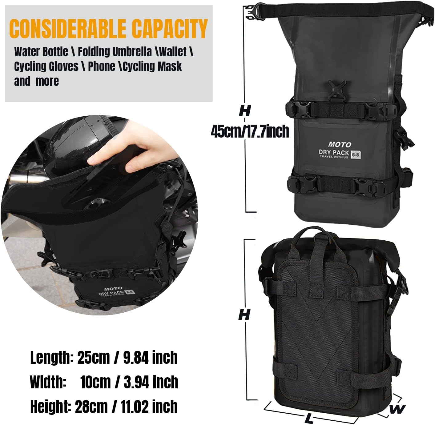 Motorcycle Tail Bag Front Bumper Bag, 8L Roll-top Waterproof Motor Saddle Panniers Luggage Bags for Motorcy-Black