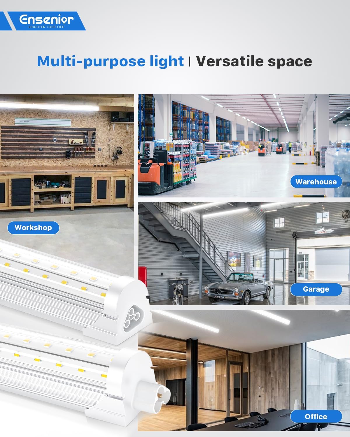 Ensenior 4 Pack 8 FT Led Shop Lights, 6000K Clear White, 10000LM Super Bright, 72W Equivalency 936W, Commercial Bay Lighting, U-Shaped Linkable Shop Lights Plug in for Garage, Workshop, FCC Certified