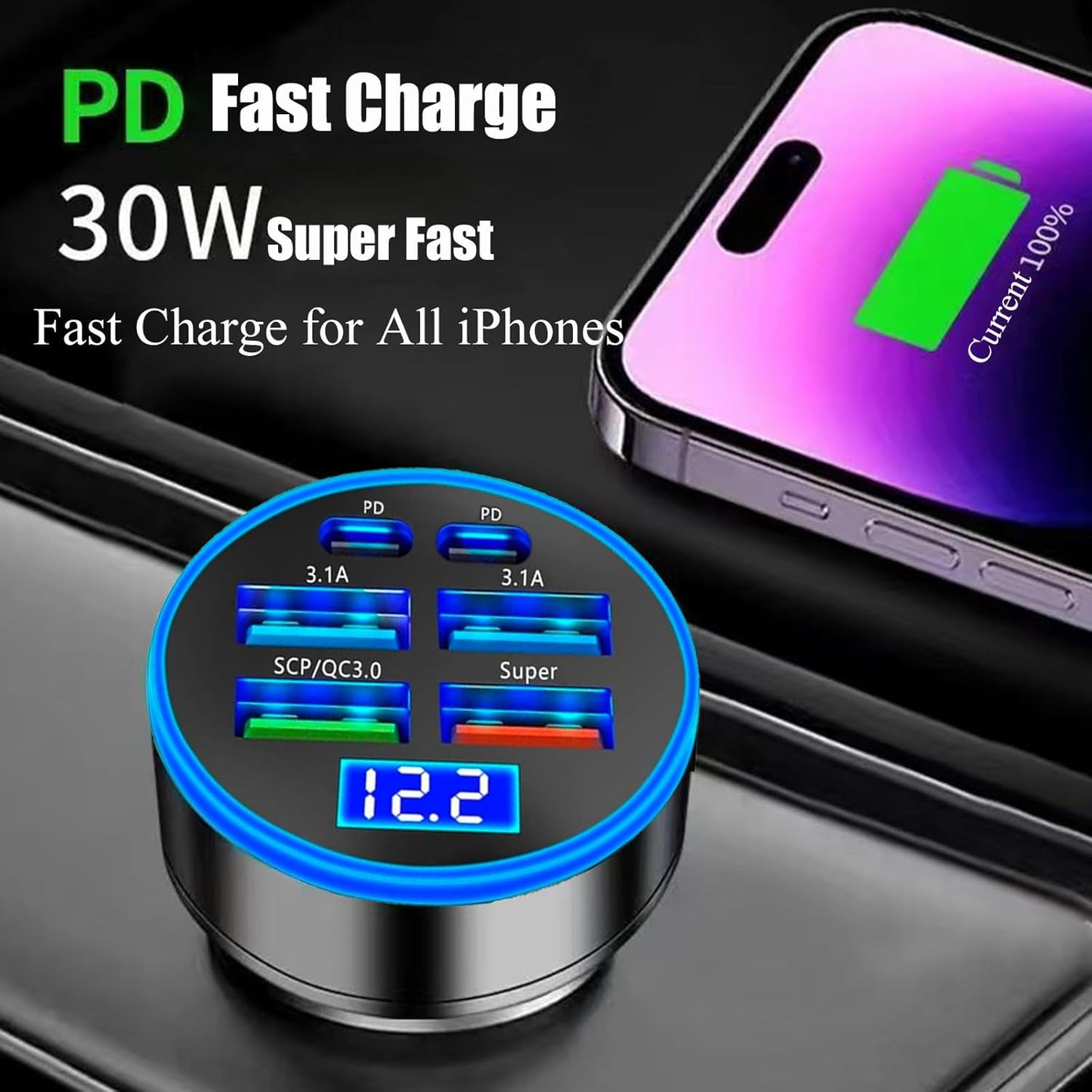 Super Fast Charge USB C Car Phone Charger Adapter 6 in 1 with Voltage Display 250W Multi Port Cigarette Lighter USB Charge for iPhone 16 15 14 13 12 11 Samsung Galaxy Huawei Oneplus Oppo Vivo