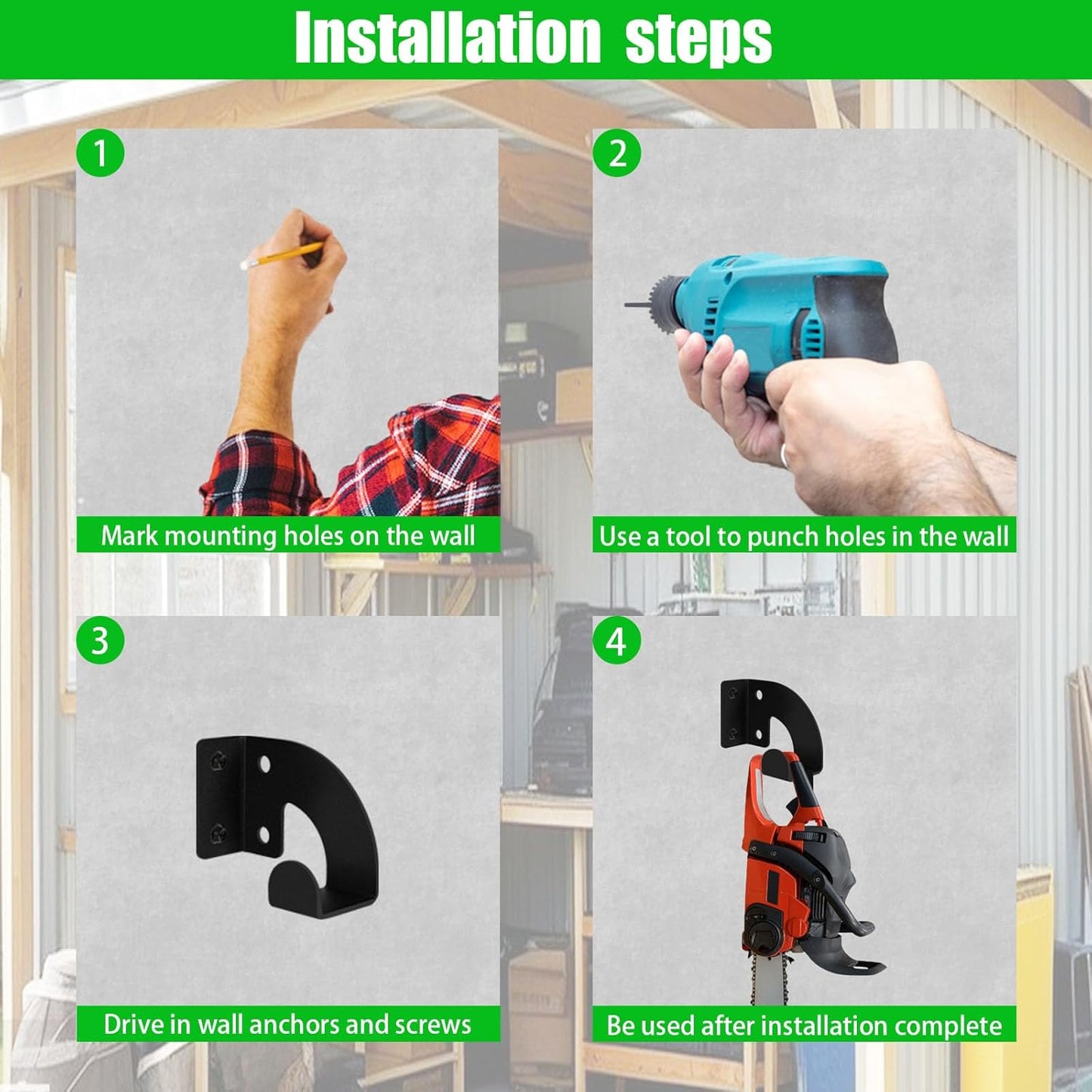 Chainsaw Hanger, Heavy Duty Chainsaw Wall Mount Holder, Organizer Mounted Chainsaw Rack, Chain Saw Hanger for Garden, Garage, Workshop, Black Metal