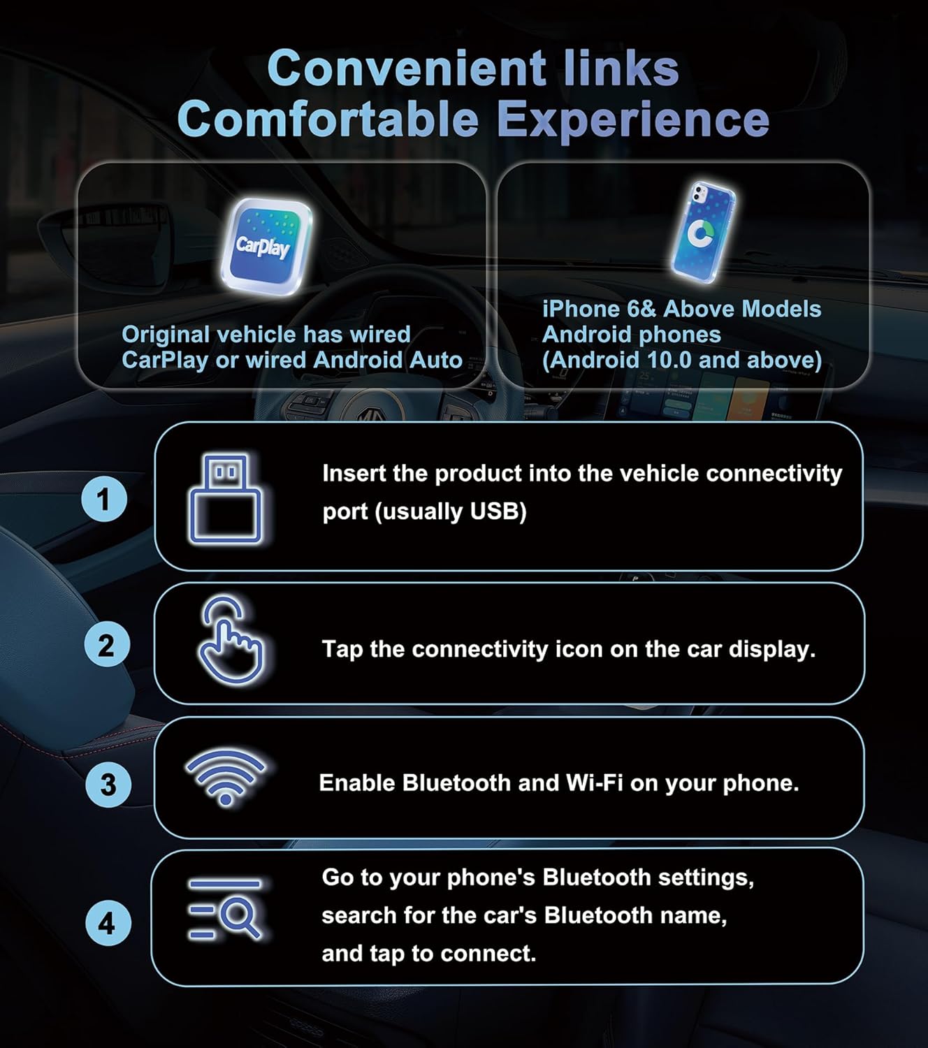 CarPlay Wireless Adapter, Compatible with CarPlay+Android Auto, Mini Stable Wireless CarPlay Adapter, Compatible with Apple iOS 10+ and Vehicles Produced After 2016 with Wired CarPlay.