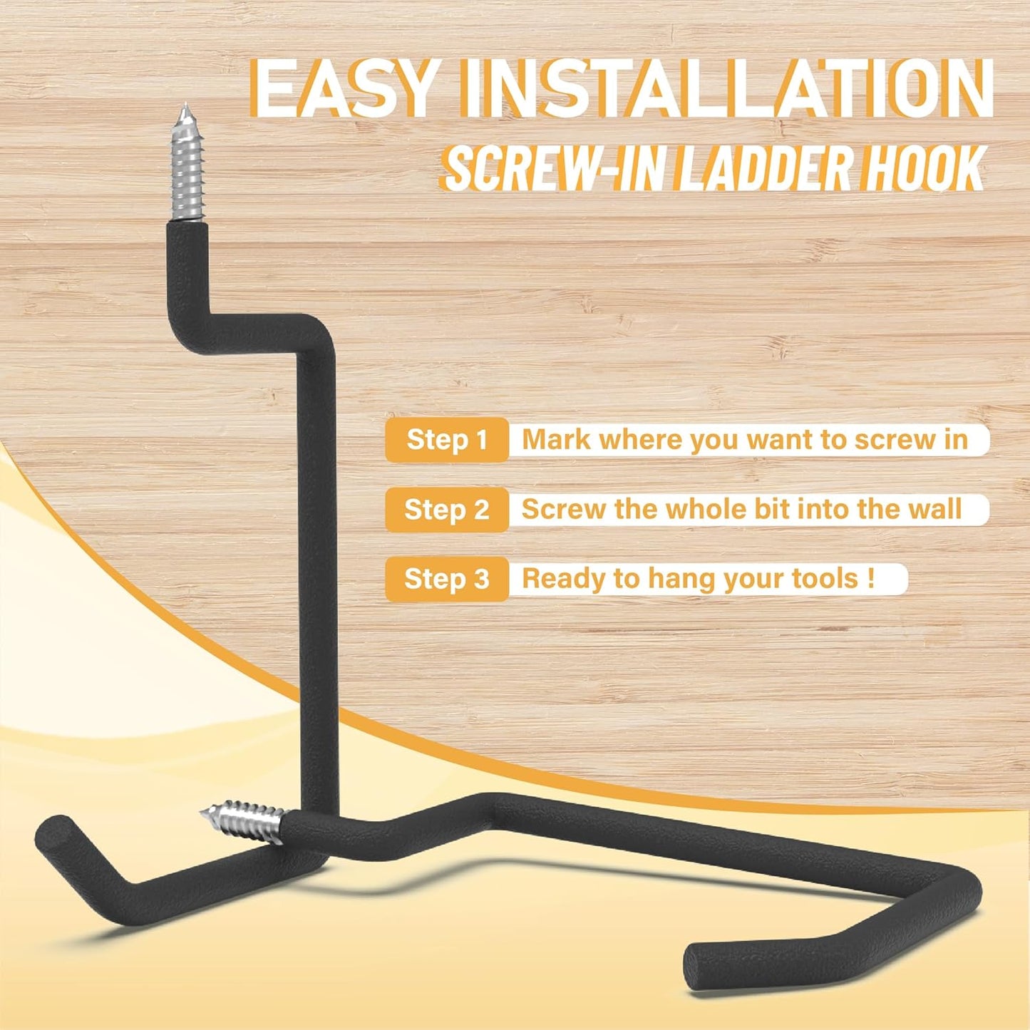 Screw in Ladder Hook, Black Heavy Duty Tool Holders 4PC, Bike Hooks, Wall Mount Garage Storage Hanger, Shelf Organizer for Hanging Bike, Ladder, Folding Chair, Cord