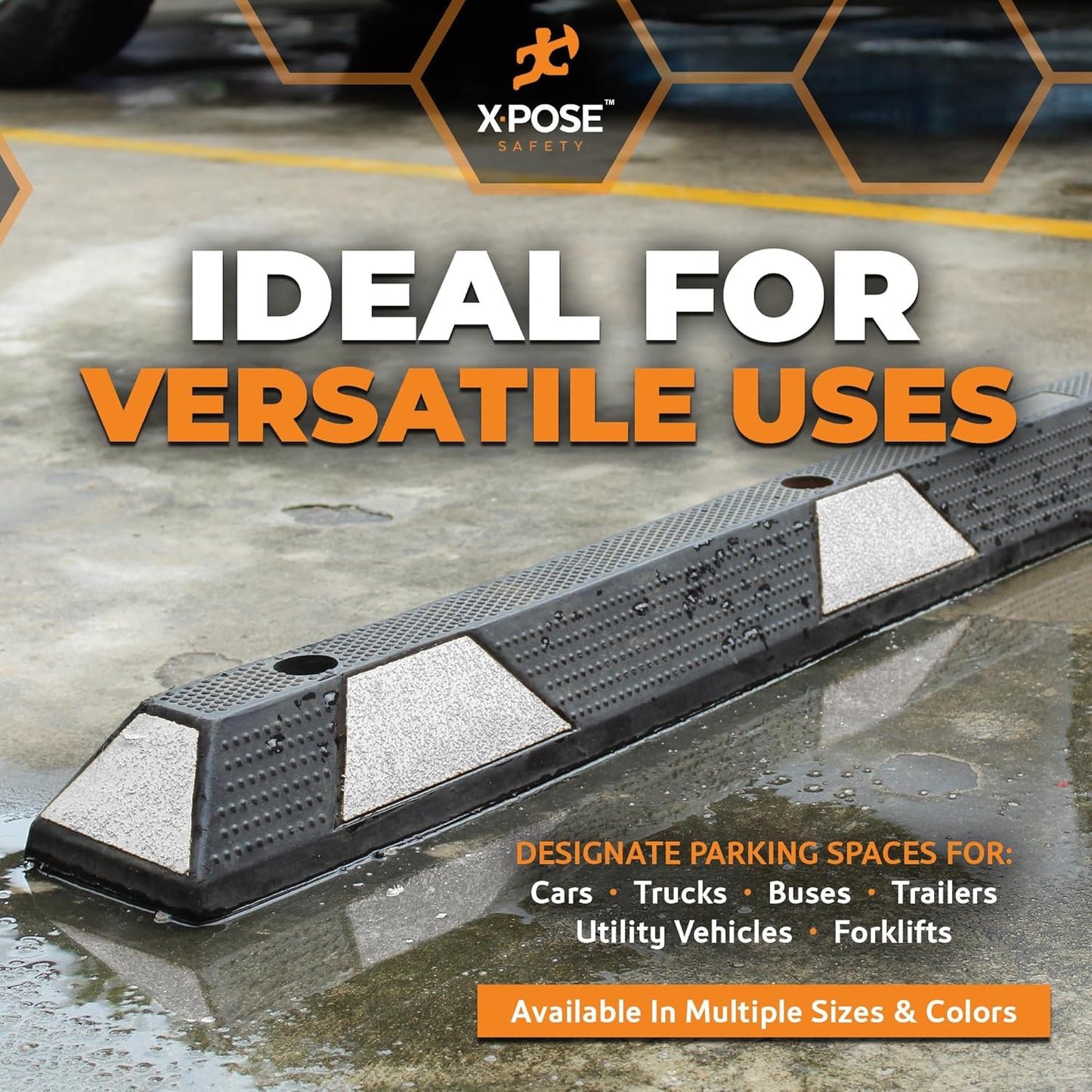 Xpose Safety 72" Heavy Duty Rubber Parking Stopper – Bulk Full Pallet 50 Pack Wheel Blocks for Garage, Driveway, or Ramp – Car Bumper Stop with White Reflective Strips – Removable Floor Mount