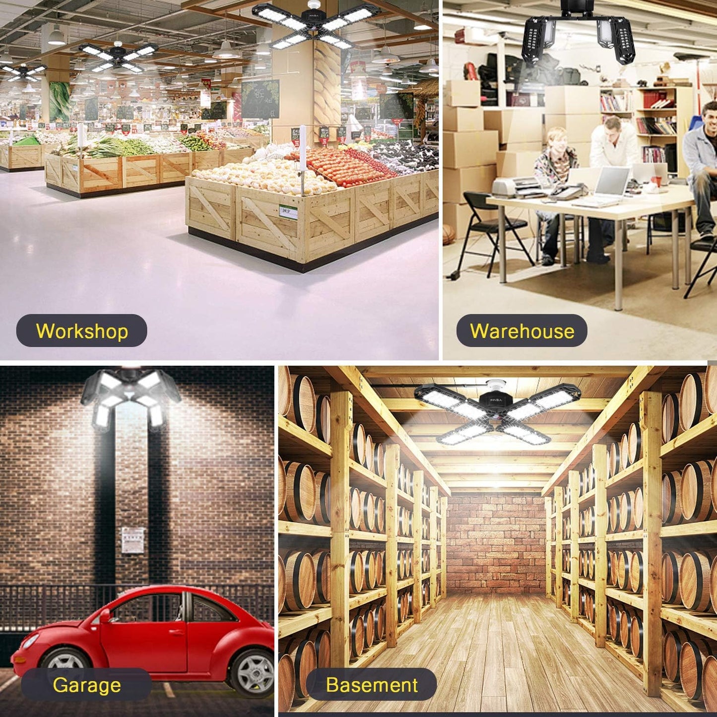 2 Pack LED Garage Light,Super Bright Screw in E26/E27 Ceiling Shop Work Lamp, 200W 20000 Lumen Deformable Basement Bulb Fixture with 8 Adjustable Panels