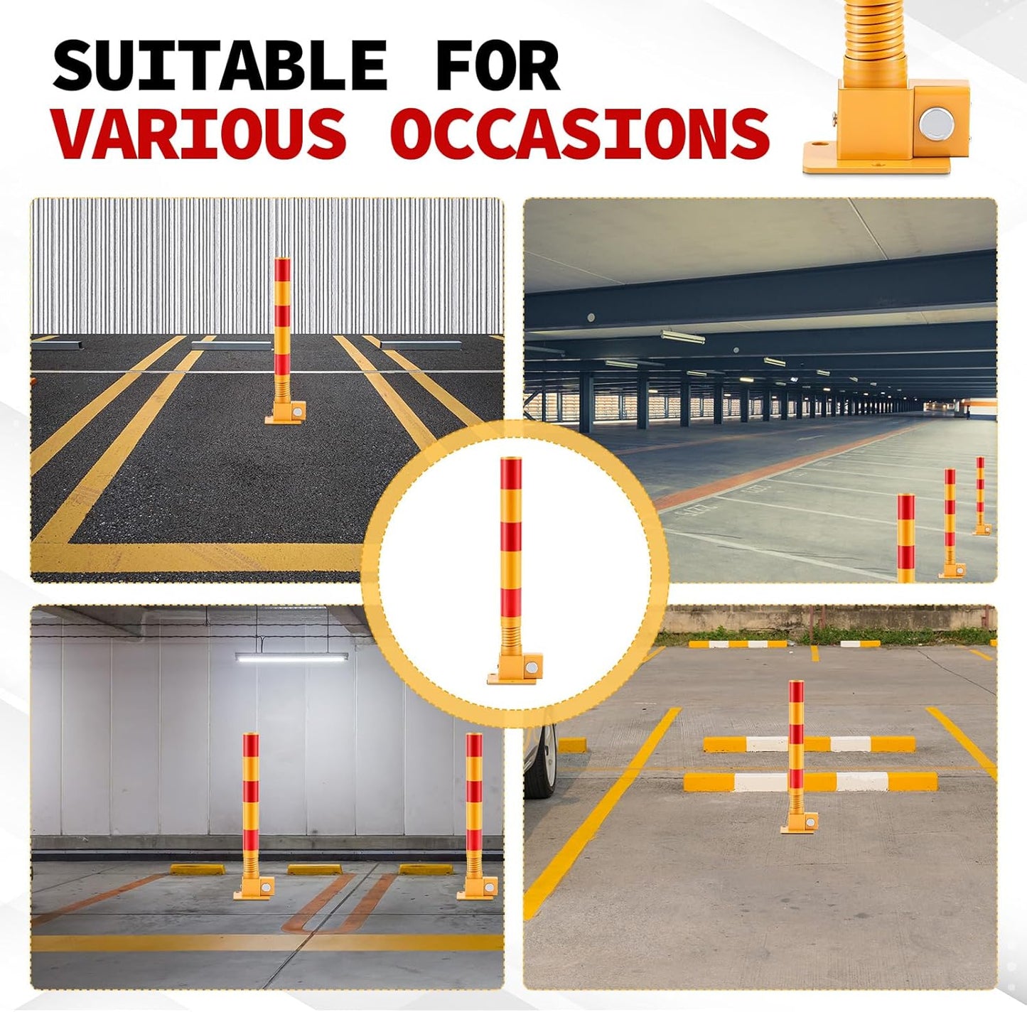 Zonon 2 Pcs Spring Parking Post Folding Heavy Metal Parking Barrier Lock Obstacle Pile with Warning Stripes Interceptor Bollard for Traffic-Sensitive Area Garage