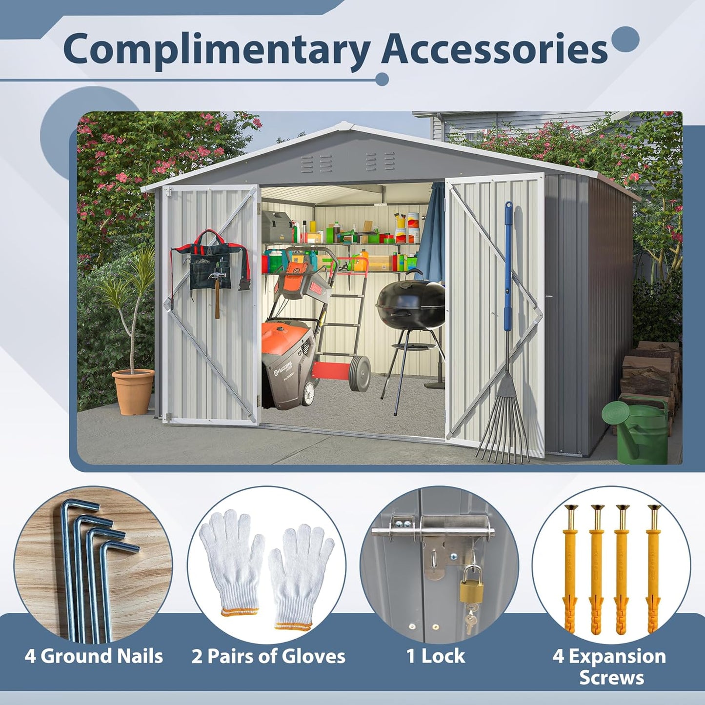 10X8 FT Outdoor Tool Storage Shed with Metal Foundation & Lockable Doors, All Weather Metal Sheds for Garden, Patio, Backyard, Lawn