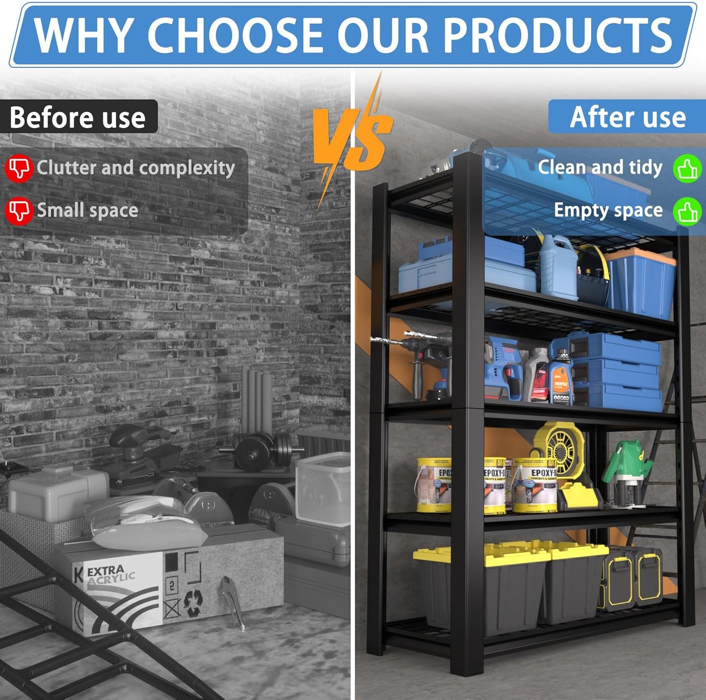 5-Tier Heavy Duty Garage Shelving Unit with Wire Shelves,3000 LBS Capacity Metal Storage Rack 72"H x 48"W x 20"D,Adjustable Boltless Steel Shelves for Garage,Basement,Pantry,Warehouse.1 Pack