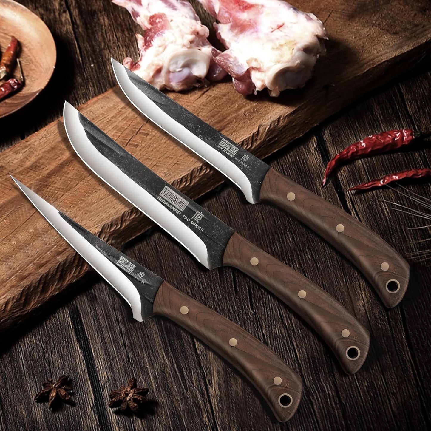 Butcher Knife Set 3-Piece, Super Sharp Hand Forged Fillet Knife & Dividing Knives & Paring Knives Set, Upgraded High Carbon Stainless Steel Meat Cutting for Home, Outdoor