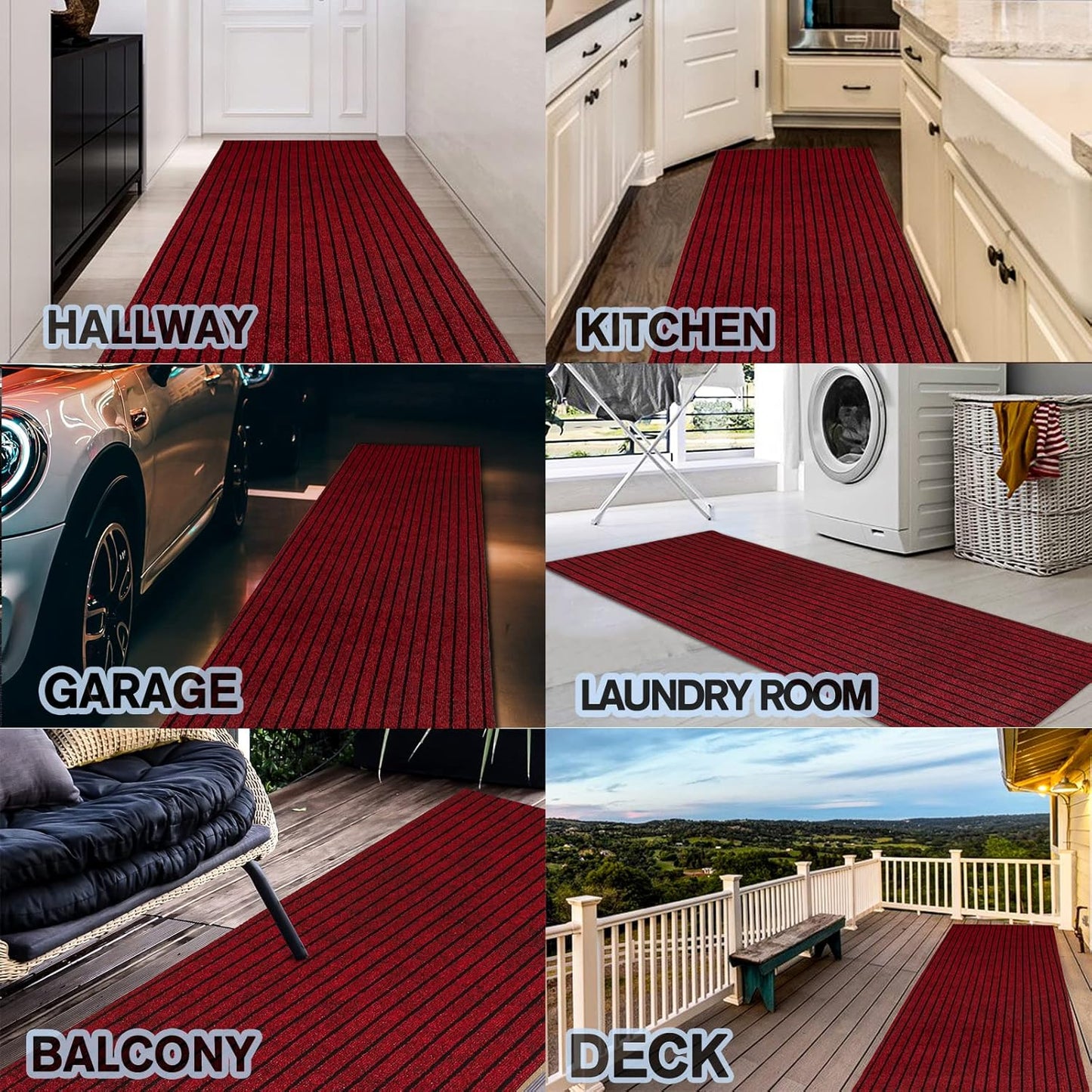 Custom Size Backed Non-Slip Area Rugs Runner, Easy Clean, Waterproof Runner Rugs for Hallway Entryway, Kitchen, Laundry, 3FT x 58FT, Red Stripe
