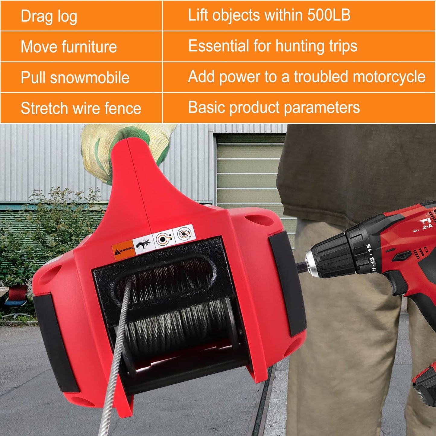 Portable Drill Winch, Rotate The Hook 360 Degrees, Red Handheld Drill Winch/Hoist of 750 LB Capacity with 40 Foot Alloy Wire Rope for Lifting & Dragging, Stretched Wire Fence, Log Handling.