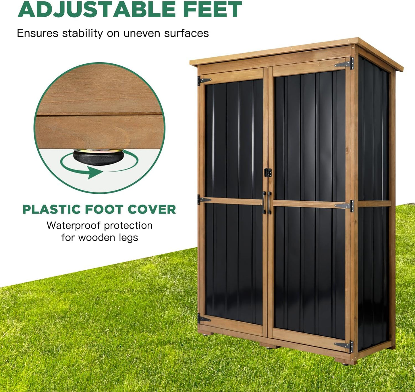 Outdoor Storage Cabinet Waterproof with Shelves, Outdoor Storage Shed Garage Cabinet Weatherproof, Wood & Metal Outside Patio Backyard Garden Pool Storage Tool Organizer