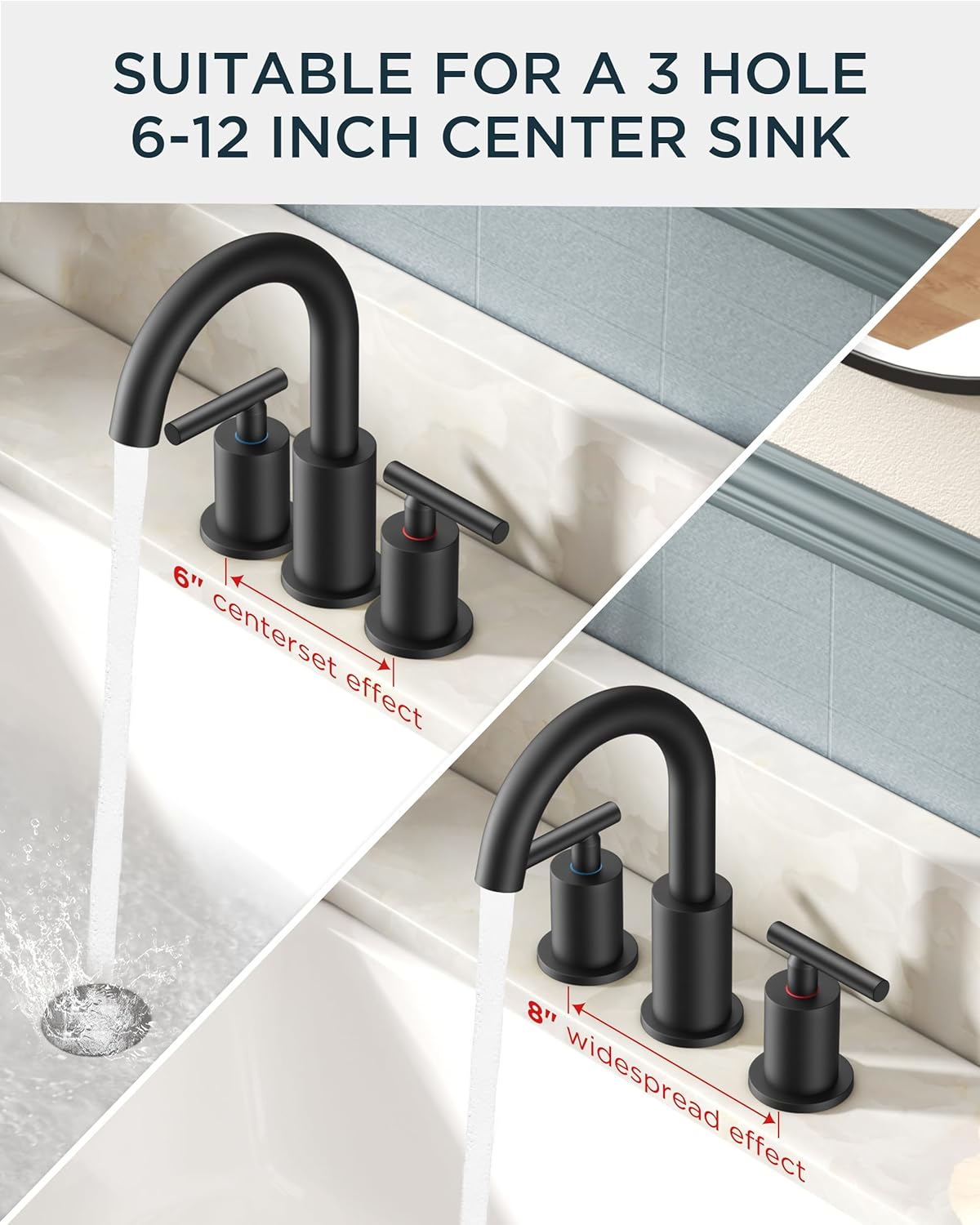 FORIOUS Bathroom Faucets 3 Hole, Matte Black Bathroom Sink Faucet 3 Hole Vanity with 360° Swivel Spout, Suitable for 8 Inch Widespread Sink with Metal Pop-up Drain and cUPC Supply Line, Commercial