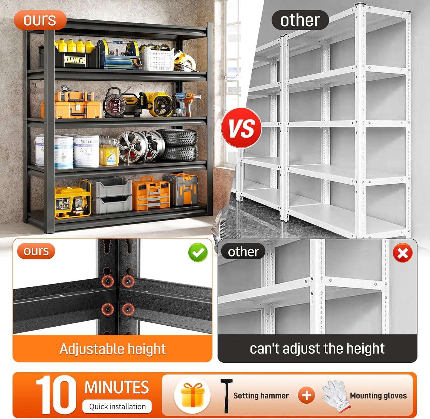 72" H Garage Shelving Unit, Garage Storage Shelves 2500LBS Heavy Duty Shelving, Adjustable 5 Tier Metal Shelving Utility Shelf, Storage Rack for Industrial, Warehouse, Basement (18" D*39.3" W*72" H)