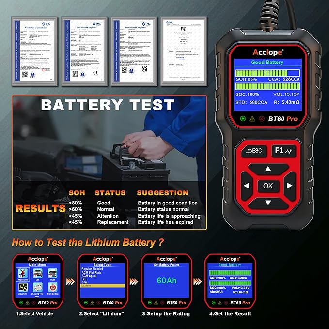 BT60 Pro Car Battery Tester with Cloud Printing,100-3000 CCA, Digital Analyzer for 6V/12V/24V Batteries, AGM Lithium Gel Battery Checker, Automotive Alternator System