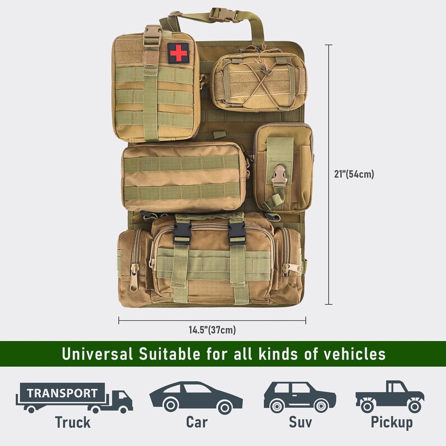 Universal Tactical Seat Back Organizer Vehicle Molle Panel Organizer Storage Bag with 5 Detachable Molle Pouch for All Vehicel Such as Jeep,Truck,SUV, Car, Ford,Chevy etc