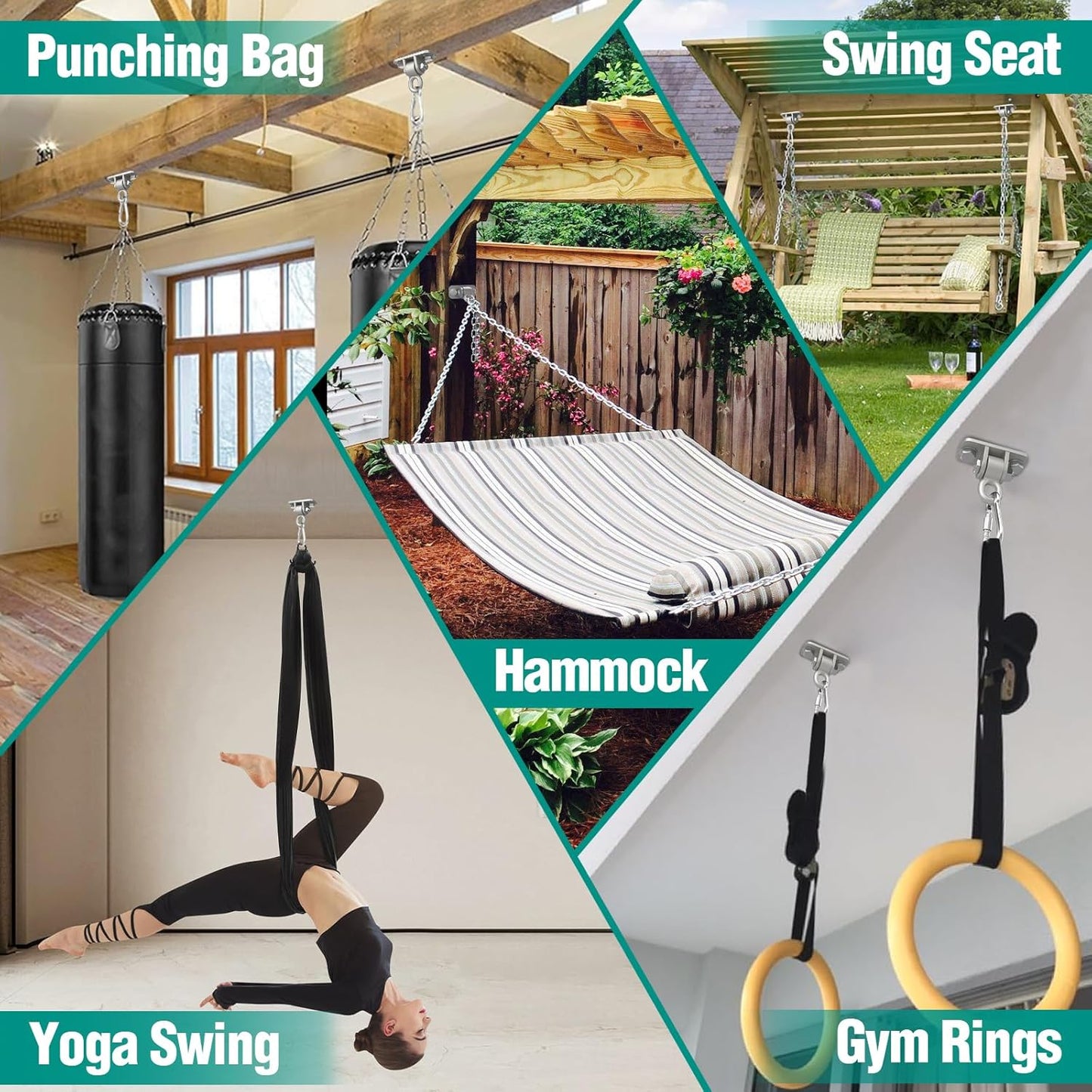 BETOOLL Swing Hangers with Bearing, Heavy Duty Porch Swing Hanging Kit for Outdoor Playground Tree Indoor Ceiling Mount Hardware Brackets Hooks for Yoga Hammock Punching Bag Accessories 2PCS Silver