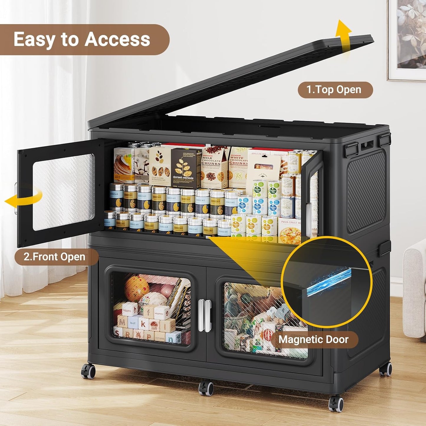 880 Qt Stackable Storage Bin with Lid, 220Gal Extra Large Collapsible Storage Boxes, Folding Plastic Drawer, Heavy-Duty Store Cabinet, Closet Organizer for Home Kitchen, 4 Pack Black