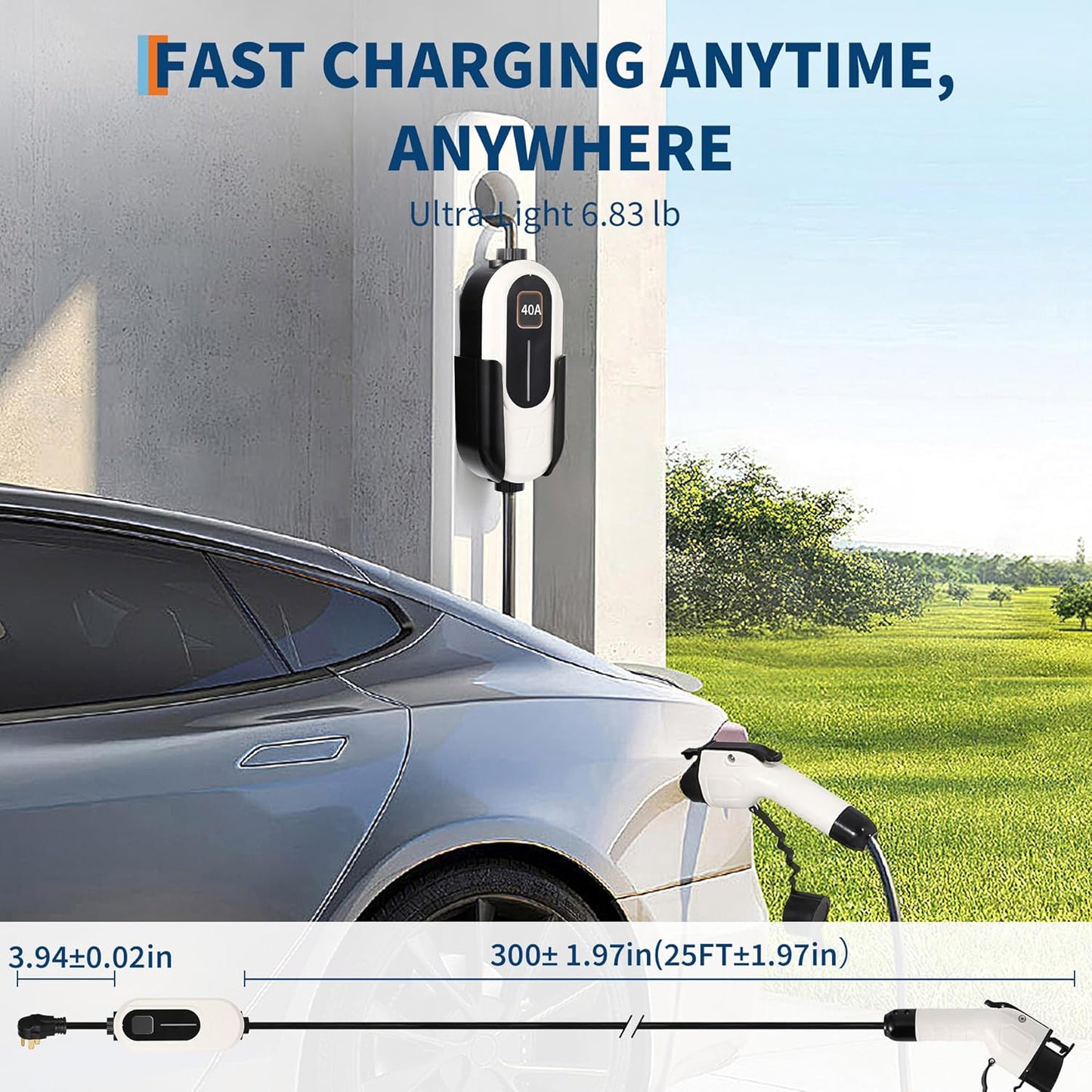Level 2 EV Charger, 40A 240V Voltage, NEMA 14-50 Plug, 25ft Cable, Adjustable Current/Delay Timer, SAE J1772 Listed Portable Electric Car Charger for Indoor/Outdoor Use, WiFi Enabled