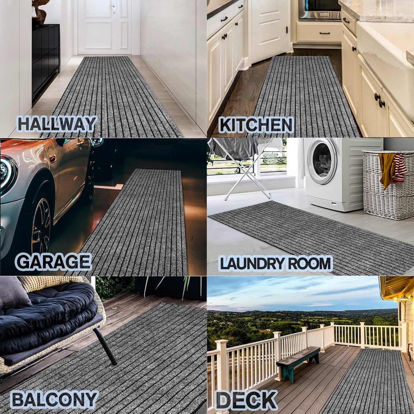 Custom Size Backed Non-Slip Area Rugs Runner, Easy Clean, Waterproof Runner Rugs for Hallway Entryway, Kitchen, Laundry, 3FT x 60FT, Gray Stripe