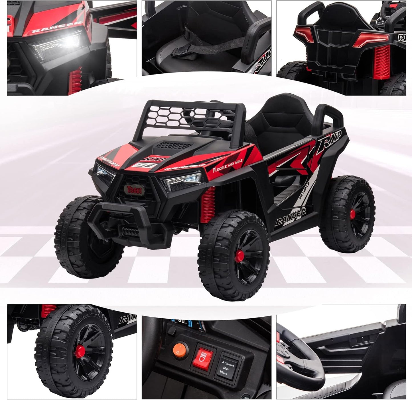 TOBBI 12V Kids Ride on Car, Electric Off-Road UTV Truck with Forward and Reverse Functions, Double Open Doors, Safety Belt, Horn, Music, and Lights for Kids Aged 3-5 Years (Red)