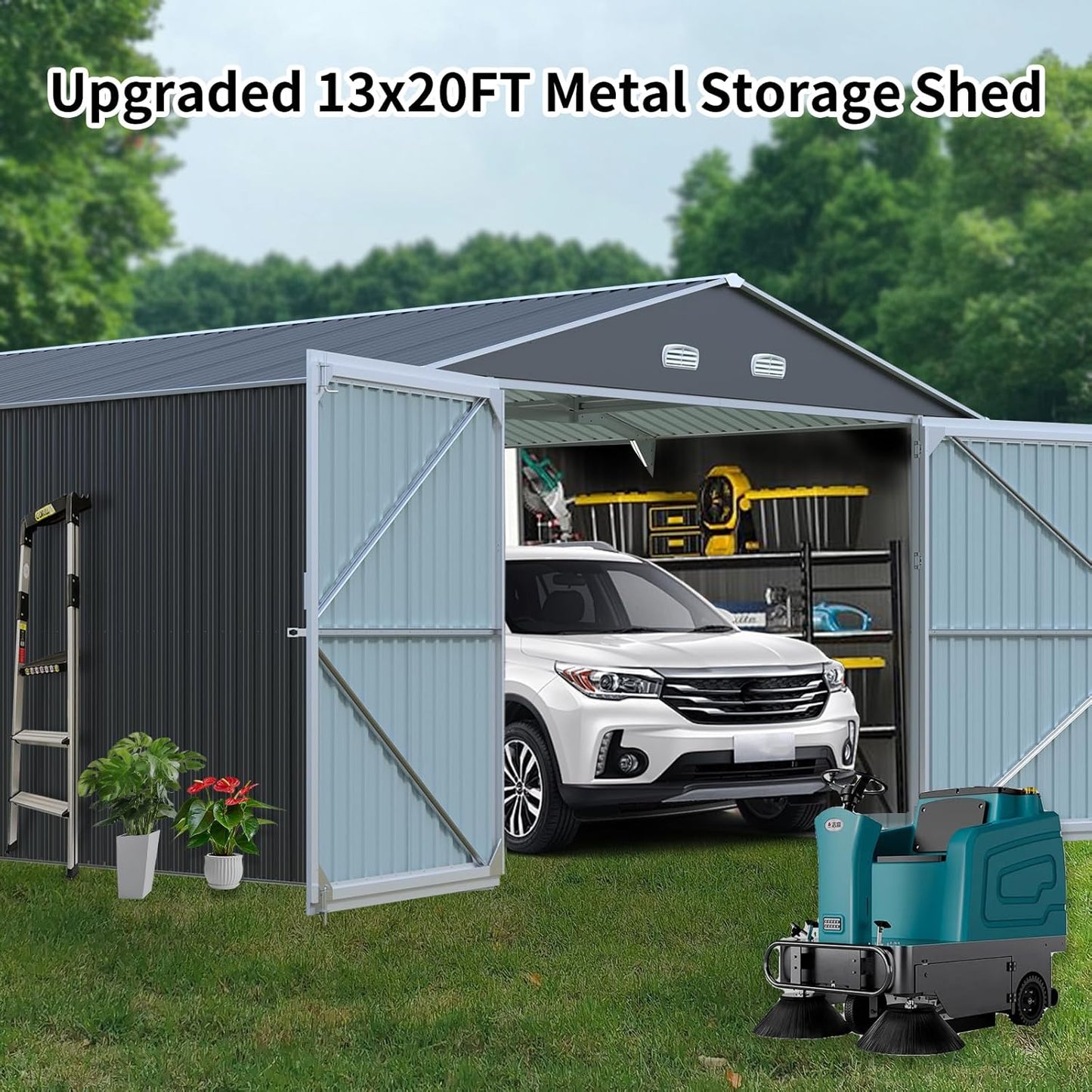 KUIKUI Shed 20x13 FT, Metal Shed Without Floor, Outdoor Storage Shed with Lock for Car, Truck, Lawnmower