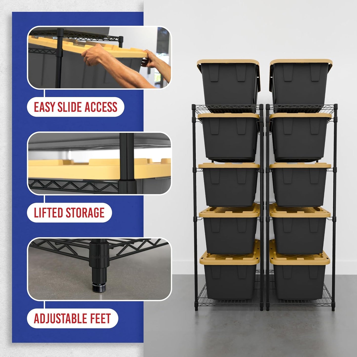 SafeRacks 2 Pack 5-Tier Steel Tote Rack - Maximize Space, Declutter, Organization, NSF Certified, Bin Storage for Garage, Pantry, Kitchen, Workspace, 5 Shelves, 31″ x 23″ x 68″, Black