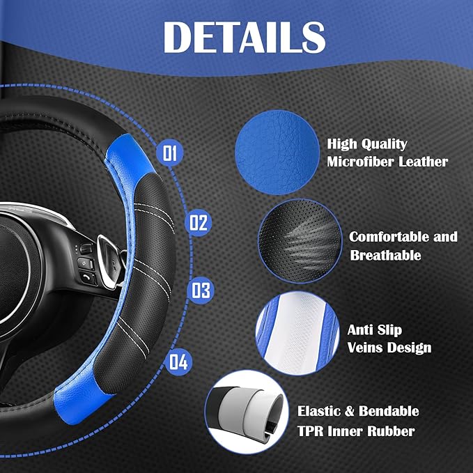 CAR PASS Air Mesh Leather Car Seat Covers Full Set, Waterproof Car Floor Mats, Sporty Steering Wheel Cover 14.5-15in, Universal Fits for 95% Cars Truck SUV (Black and Blue)