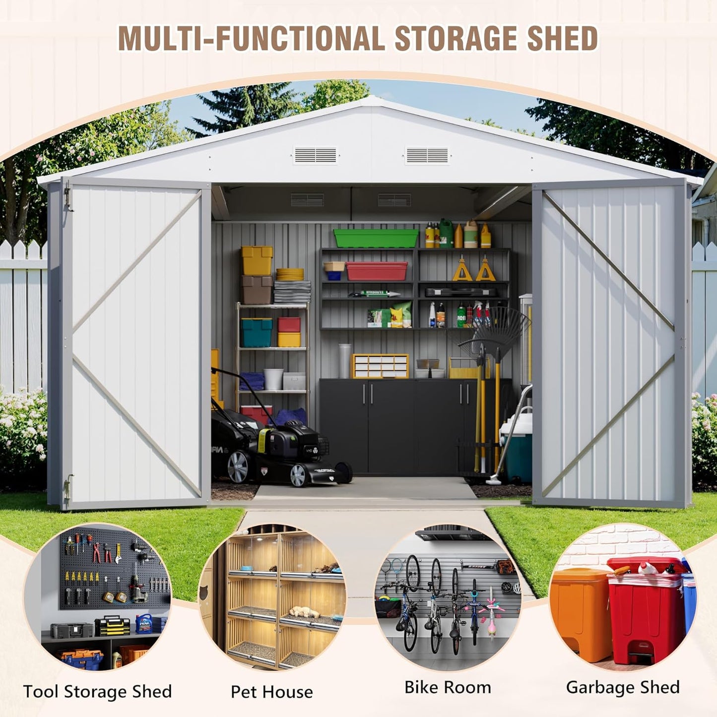 Greesum 10×14 FT Outdoor Storage Shed, Metal Storaged Sheds Without Floor, Tool Sheds with Lockable Doors and Sloping Roof for Garden, Patio, Backyard, Gray