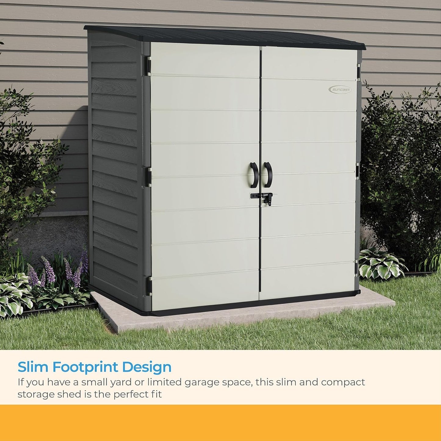 Suncast Extra-Large Vertical Storage Shed for Yard Storage, All-Weather Outdoor Storage Shed with 2 Lockable Doors, 70.5" W x 44.25" D x 77.5" H, Peppercorn, Made in The USA