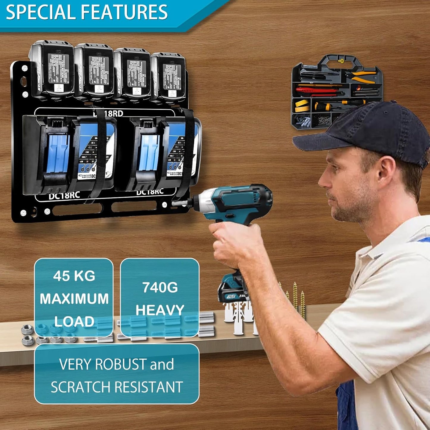 Battery Holder for Makita, Wall Mount for Makita DC18RC DC18RD Chargers, Suitable for Makita Battery Charger 14.4V/18V Batteries and 2 Drilling Screwdrivers, Storage in The Workshop and Garage