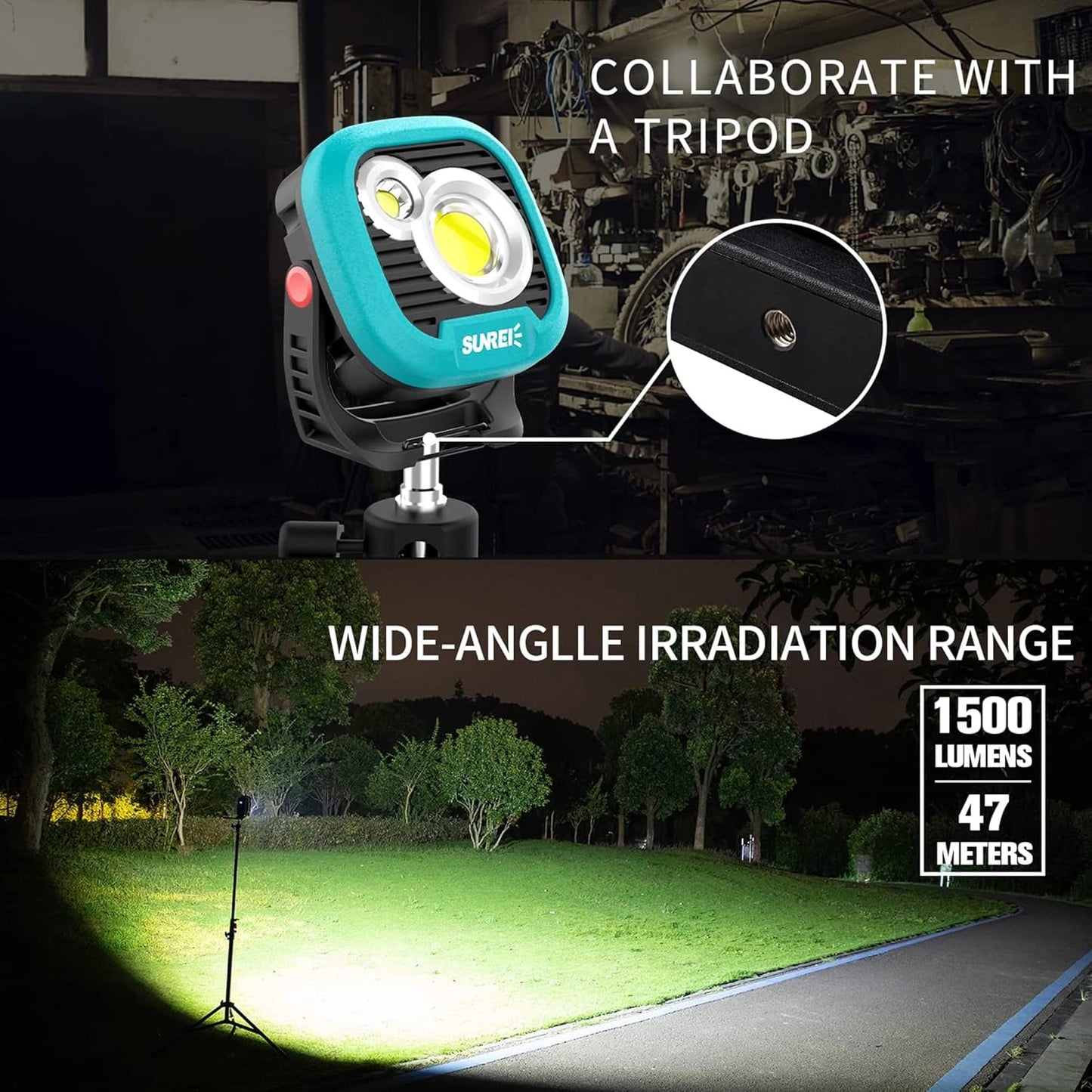 LED Rechargeable Magnetic Work Light SUNREI Mechanic Light Power Bank 180° Rotating, 1500LM, 6 Modes, Magnetic&Hook, 13500mAh Battery, Magnetic Flashlight for Camping, Car Repairing (Blue)