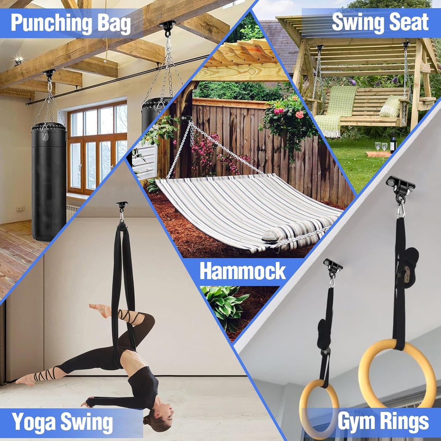BETOOLL Swing Hangers with Bearing, Heavy Duty Porch Swing Hanging Kit for Outdoor Playground Tree Indoor Ceiling Mount Hardware Brackets Hooks for Yoga Hammock Punching Bag Accessories 2PCS Black