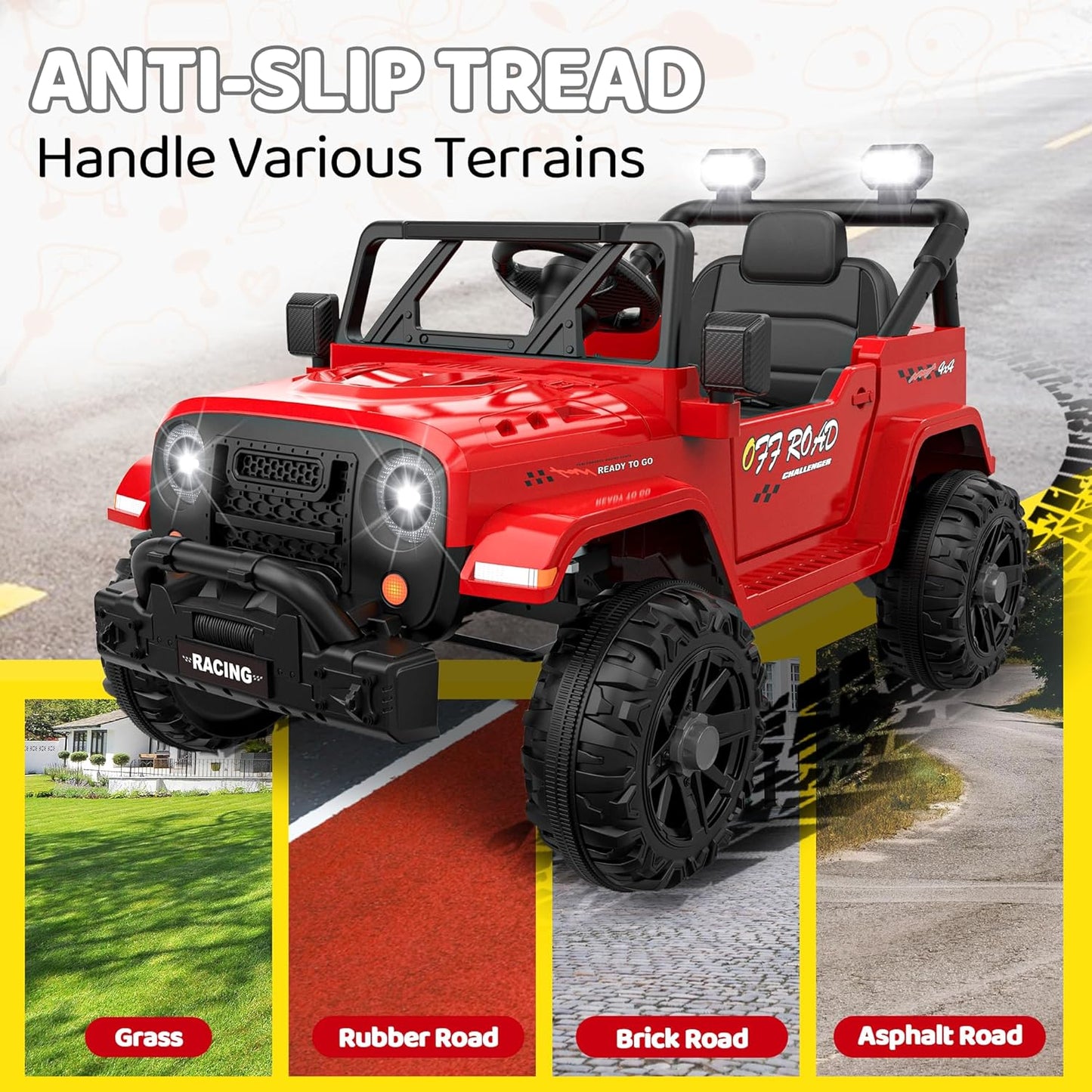 12V Ride On Truck Car with Remote Control, Kids Electric Vehicles with Bluetooth Music, Horn, 3 Speeds, 4 LED Lights, Soft Start, Ride-on Toy for Toddler Boys & Girls (Red)