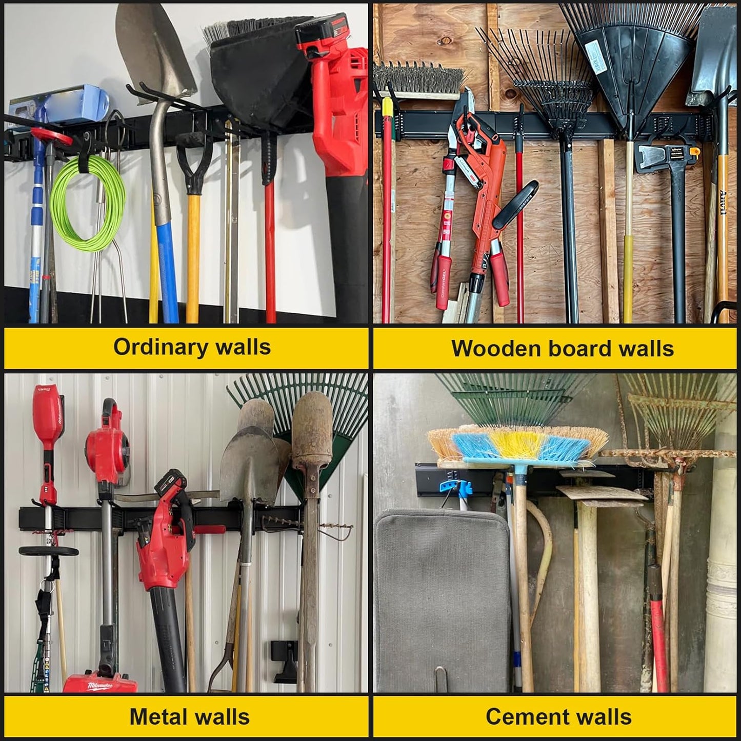 Garage Tool Organizer Wall Mount, 48 Inches Garden Tool Organizer with Adjustable Hooks, Metal Garage Storage Rack Max Loading 440lbs, Tool Holder for Hanging Rake Broom Mop Snowboard