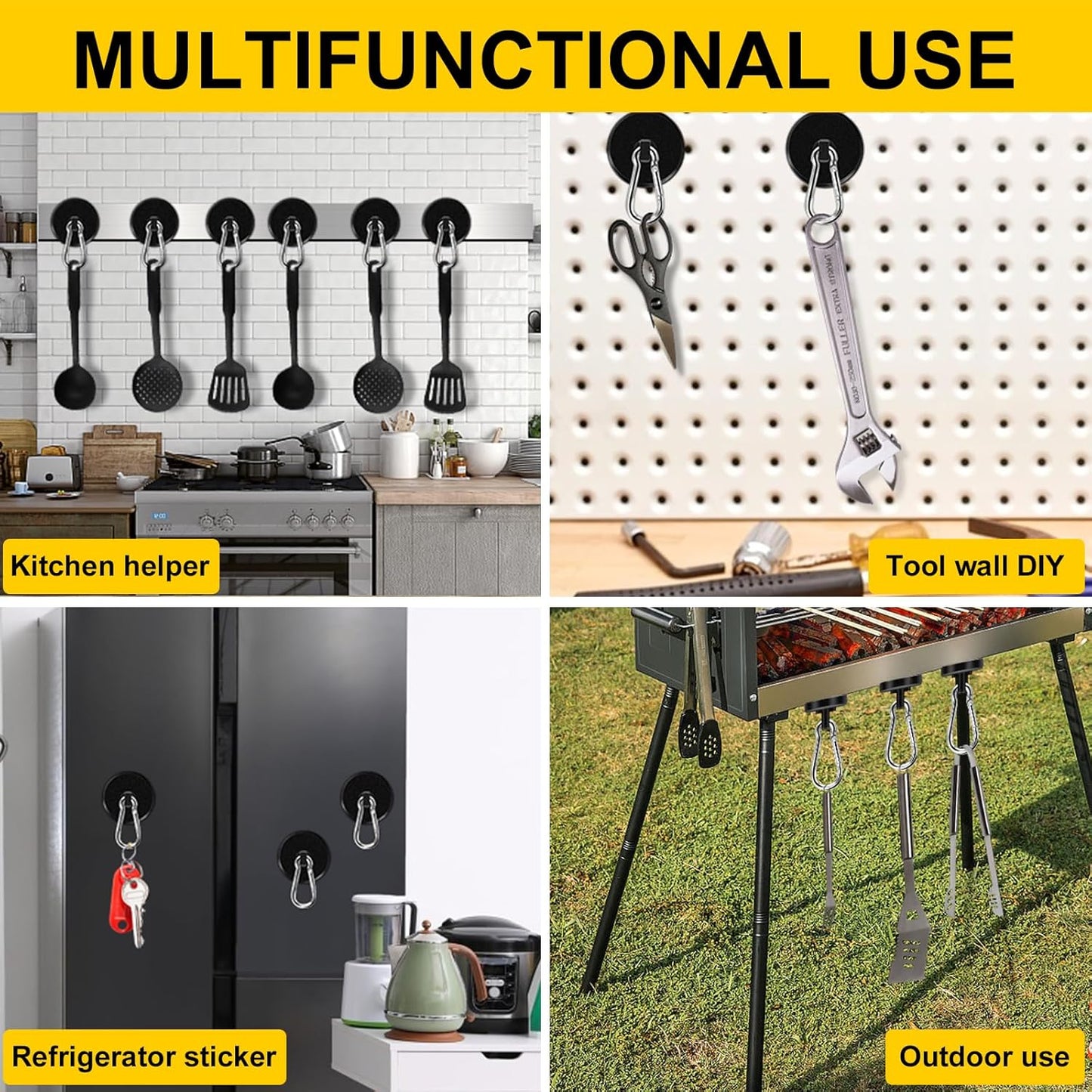 DIYMAG Black Magnetic Hooks, 150LBS Strong Heavy Duty Neodymium Magnet Hooks with Swivel Carabiner Hook, Great for Your Refrigerator and Other Magnetic Surfaces-36mm Diameter